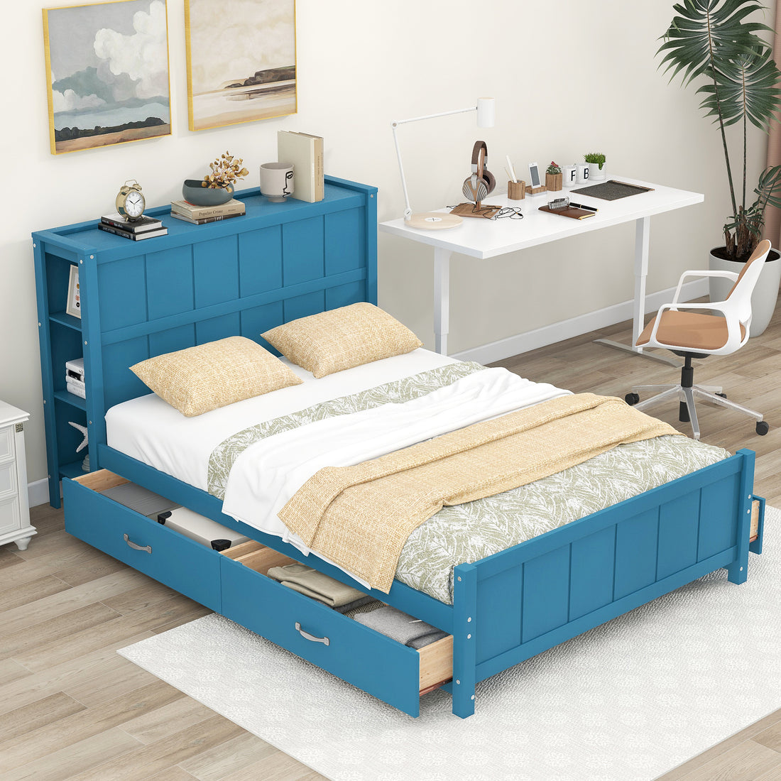 Full Size Platform Bed With Drawers And Storage Shelves, Blue Blue Pine