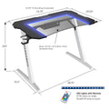 Gaming Desk, Steel Legs, Multicolored Led Lights, Cup Holder, 3 Usb Ports, Tempered Glass Accent In White White Metal