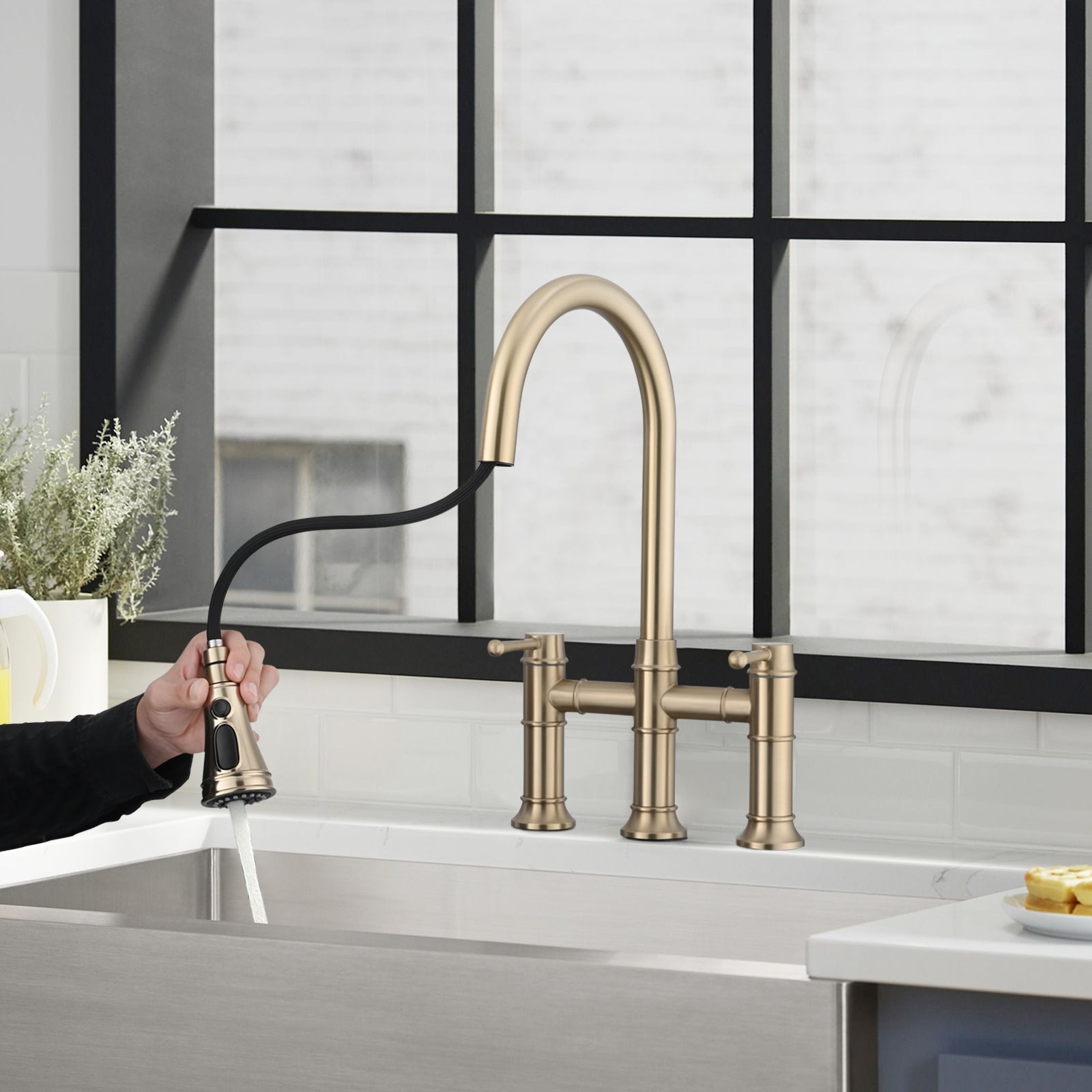 Double Handle Bridge Kitchen Faucet With Pull Down Spray Head Brushed Gold Stainless Steel