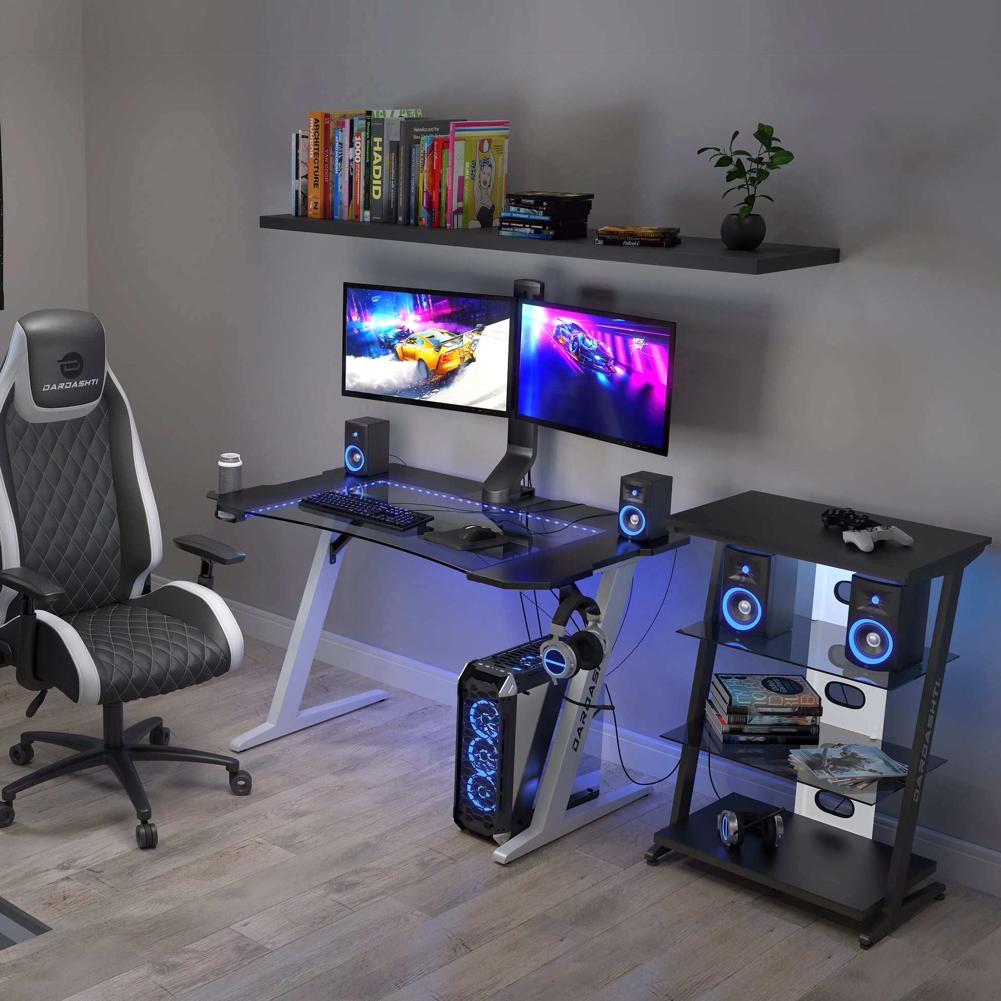 Gaming Desk, Steel Legs, Multicolored Led Lights, Cup Holder, 3 Usb Ports, Tempered Glass Accent In White White Metal