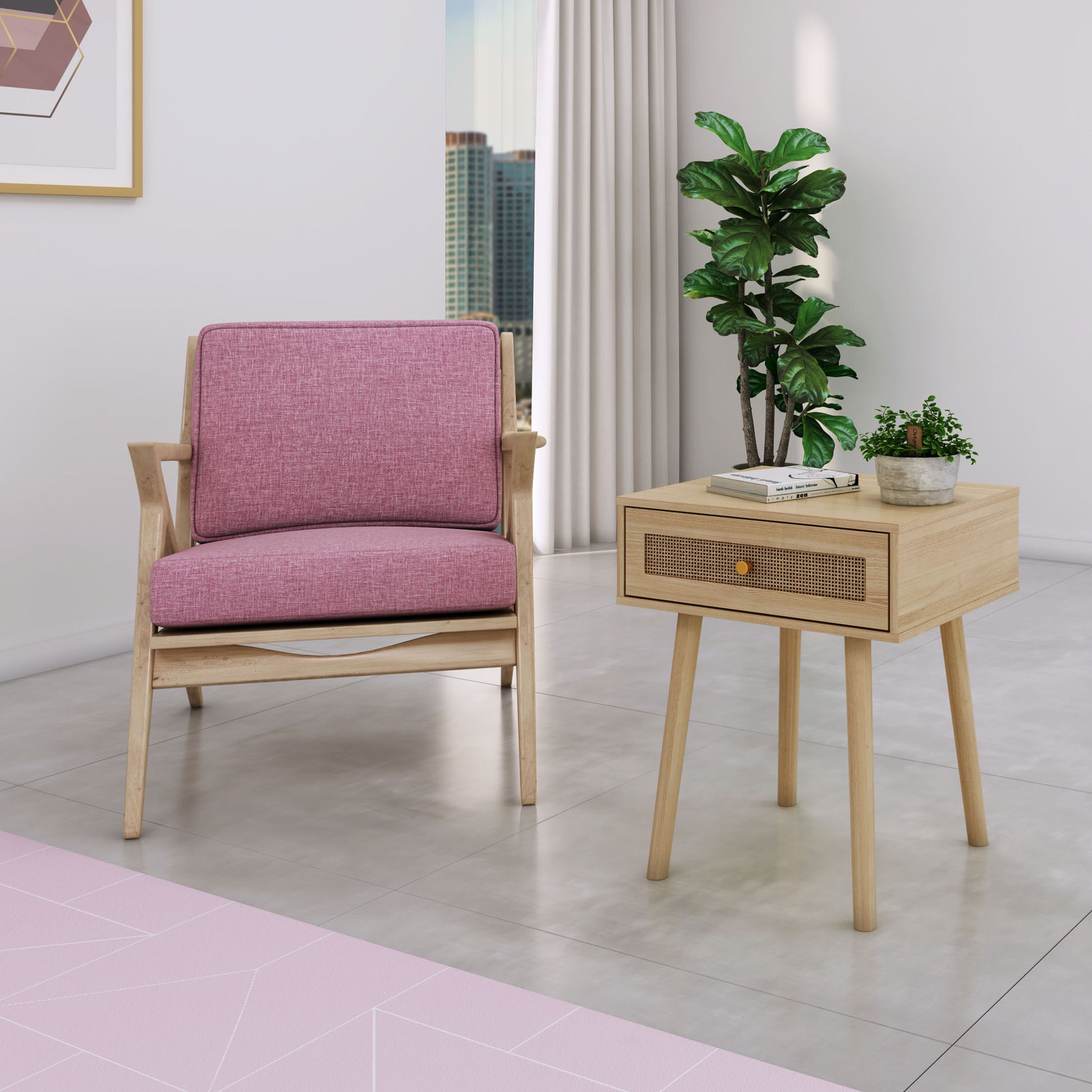 Bohemian End Table, Natural Rattan Drawer In Natural Color Beige Particle Board