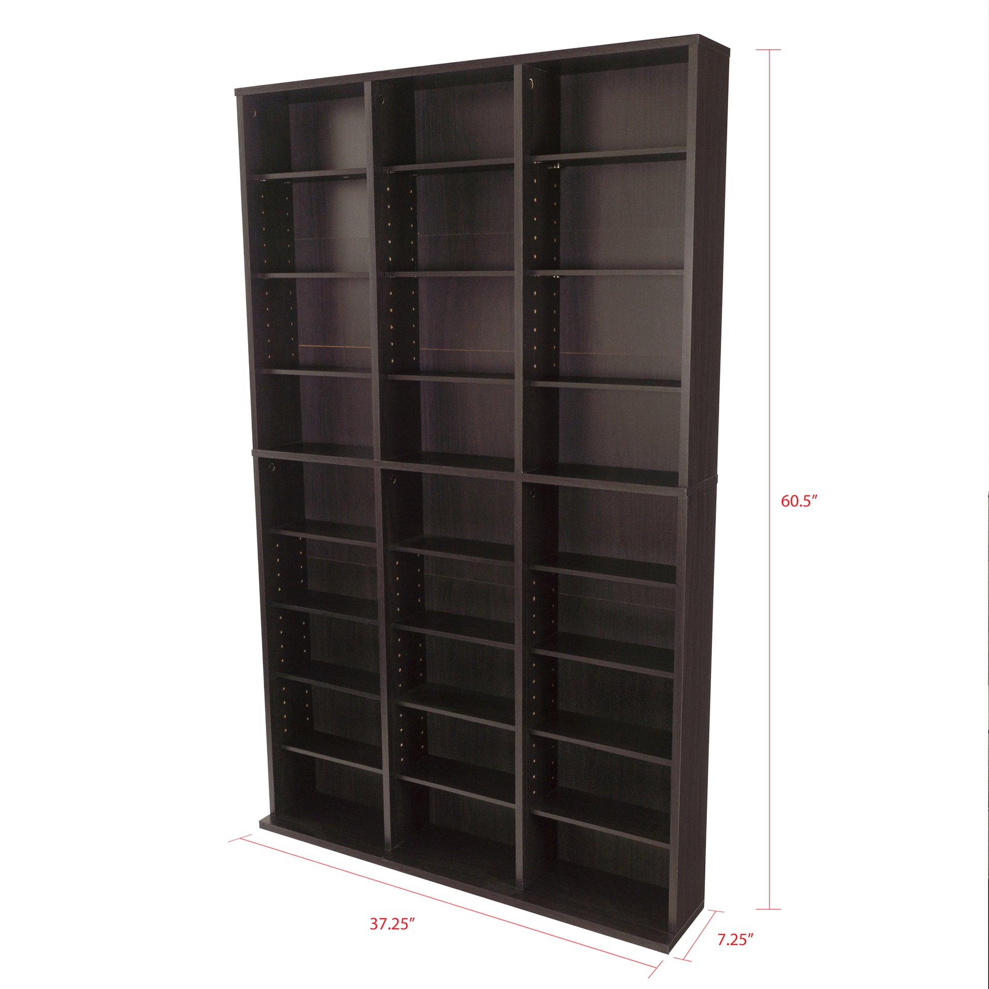 Media Shelving Unit, 6 Fixed Shelves, 18 Adjustable Shelves, Wide Base For Stability In Espresso Brown Black Brown Particle Board