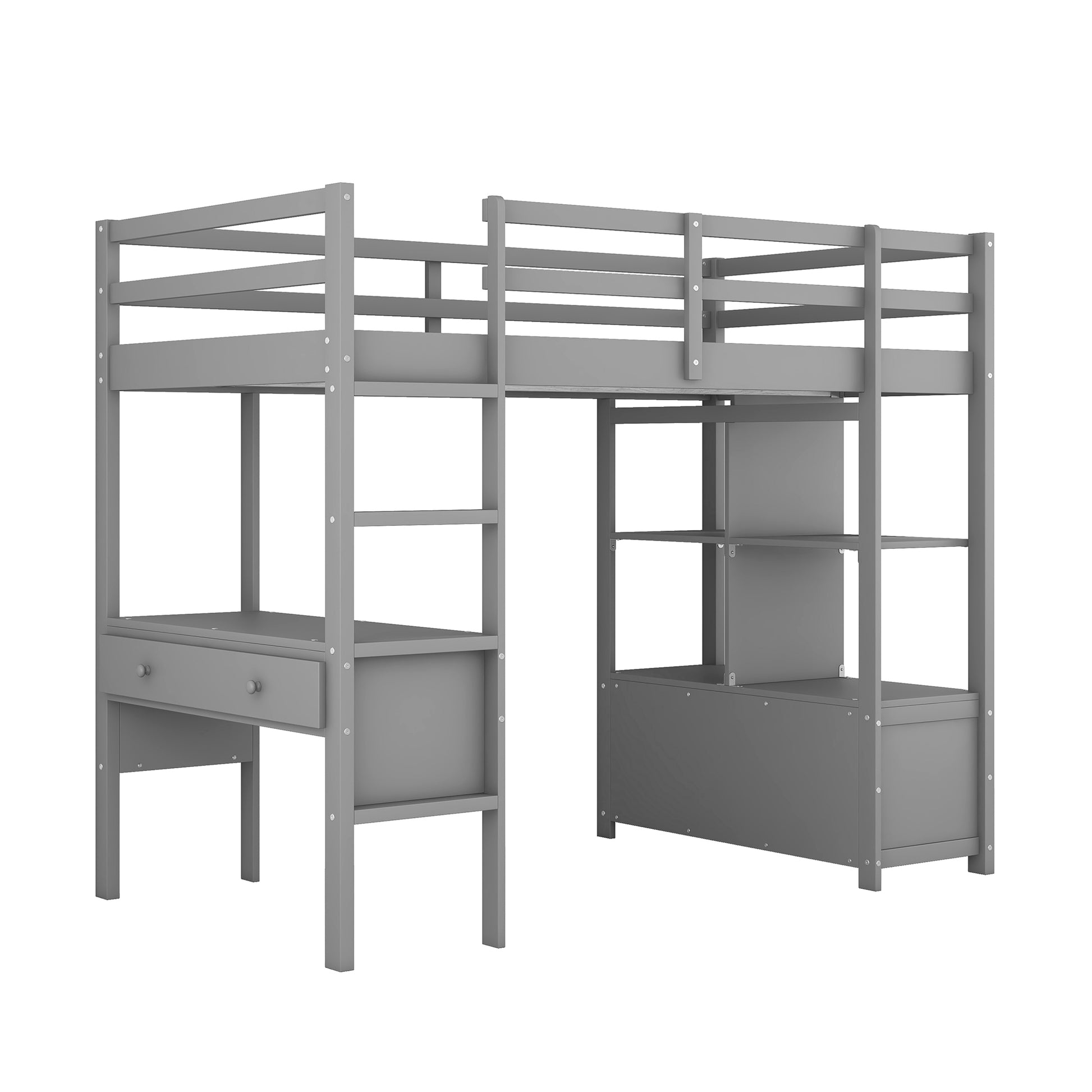 Twin Size Loft Bed With Built In Desk With Two Drawers, And Storage Shelves And Drawers,Gray Gray Pine