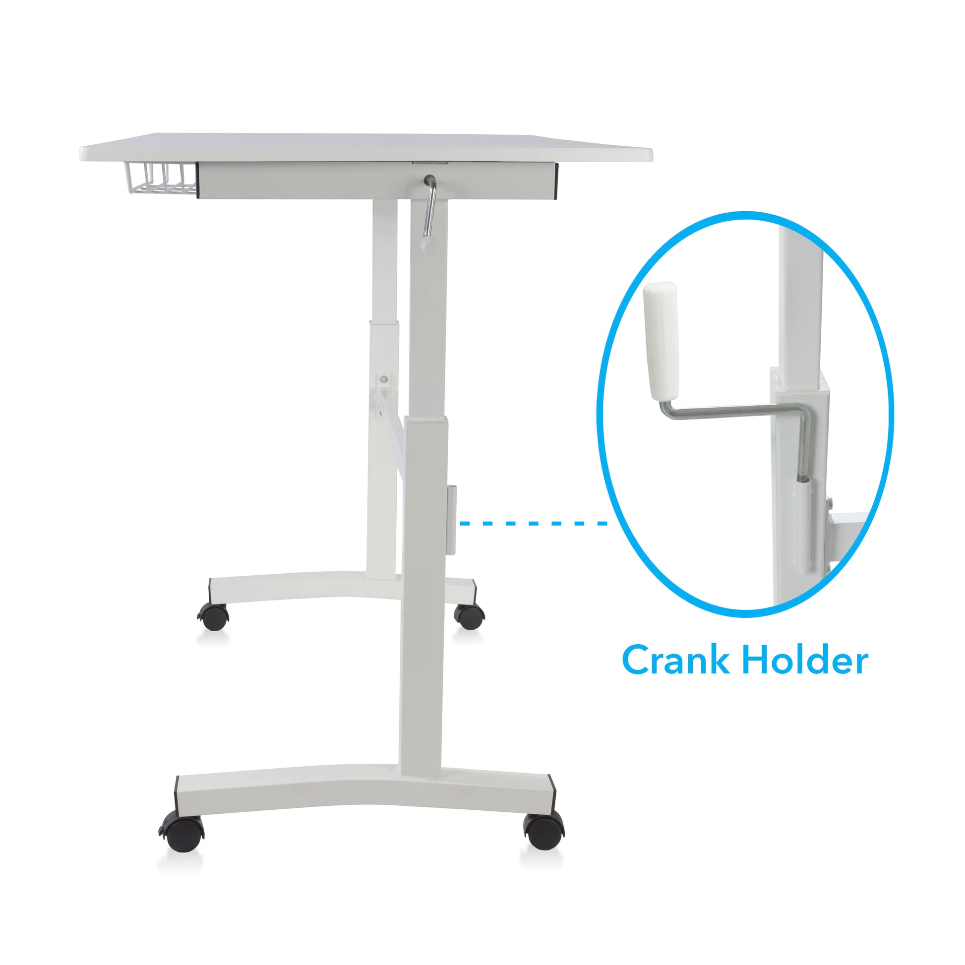 Height Adjustable Desk, Durable Laminate Top, Hand Crank, Casters, Powder Coated Steel Frame In White White Metal