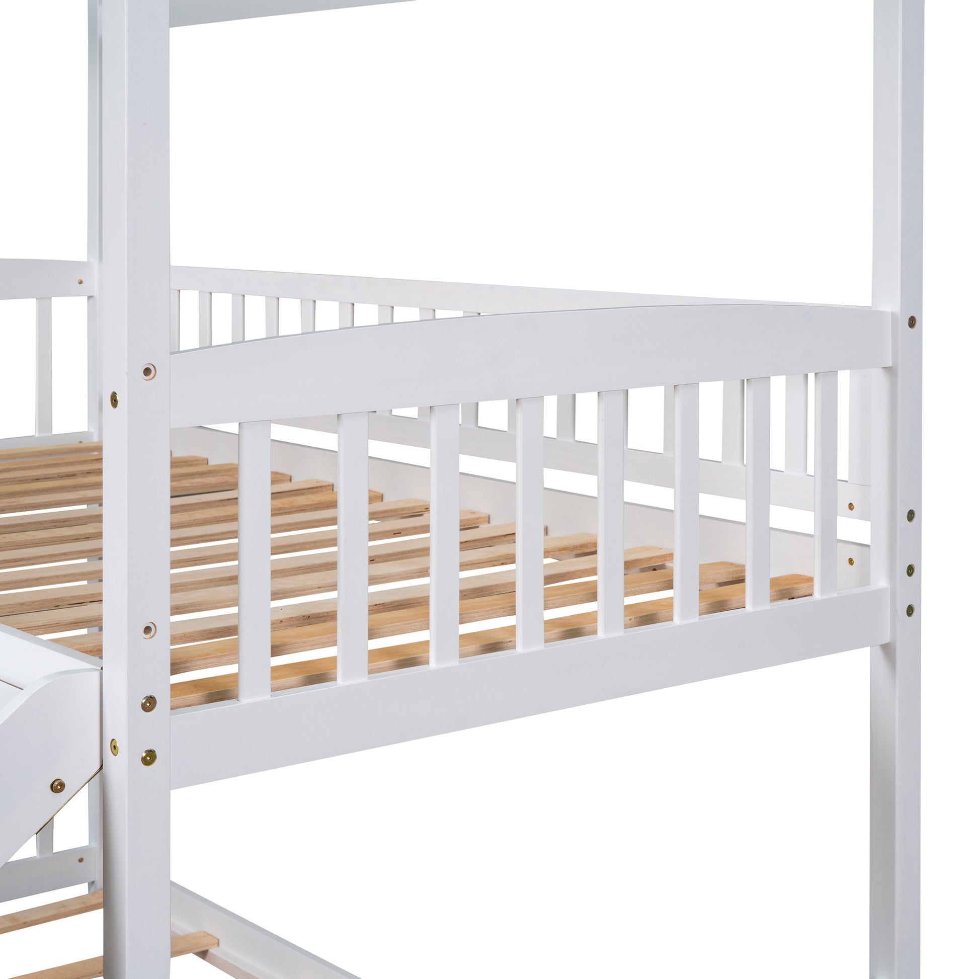 Twin Over Twin Bunk Bed With Slide, House Bed With Slide, White Old Sku: Lt000213Aak White Solid Wood