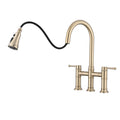 Double Handle Bridge Kitchen Faucet With Pull Down Spray Head Brushed Gold Stainless Steel