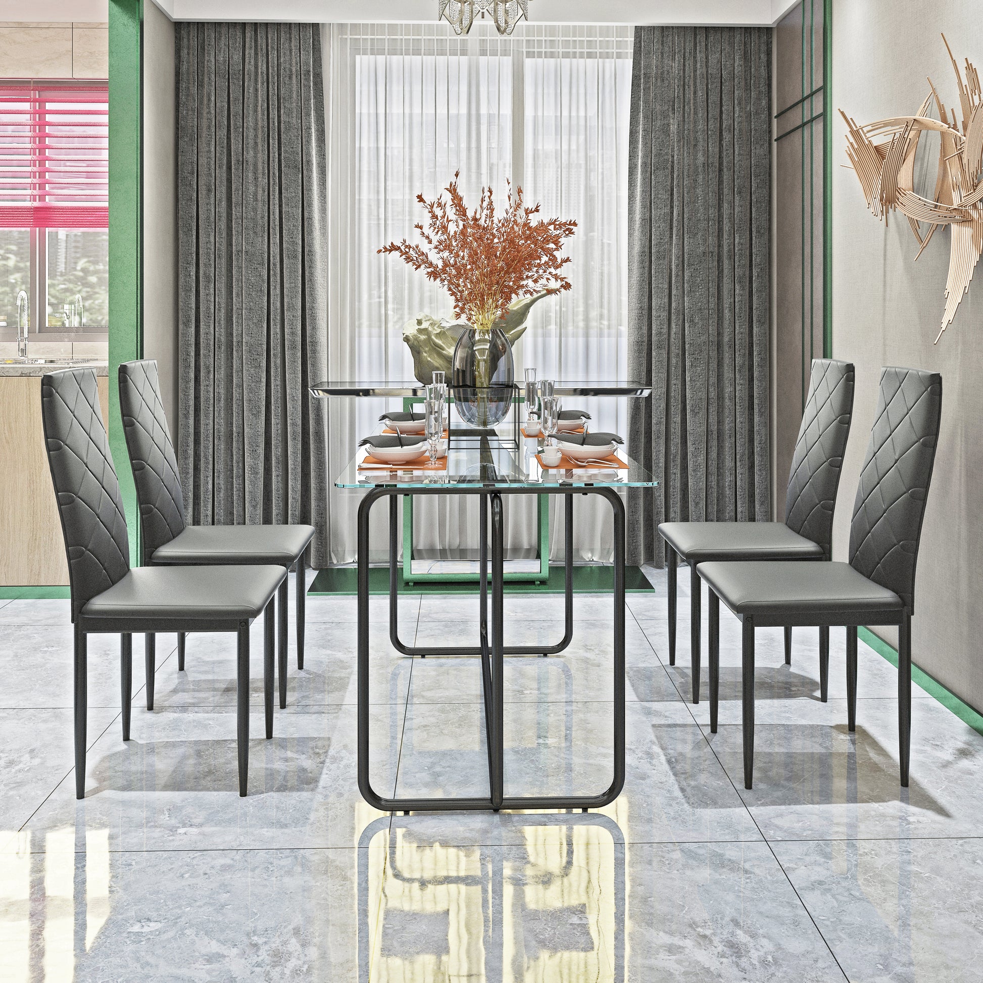 1 Piece Rectangle Dining Table With Black Metal Frame, Tempered Glass Dining Table For Kitchen Room, Transparent Black Transparent Glass