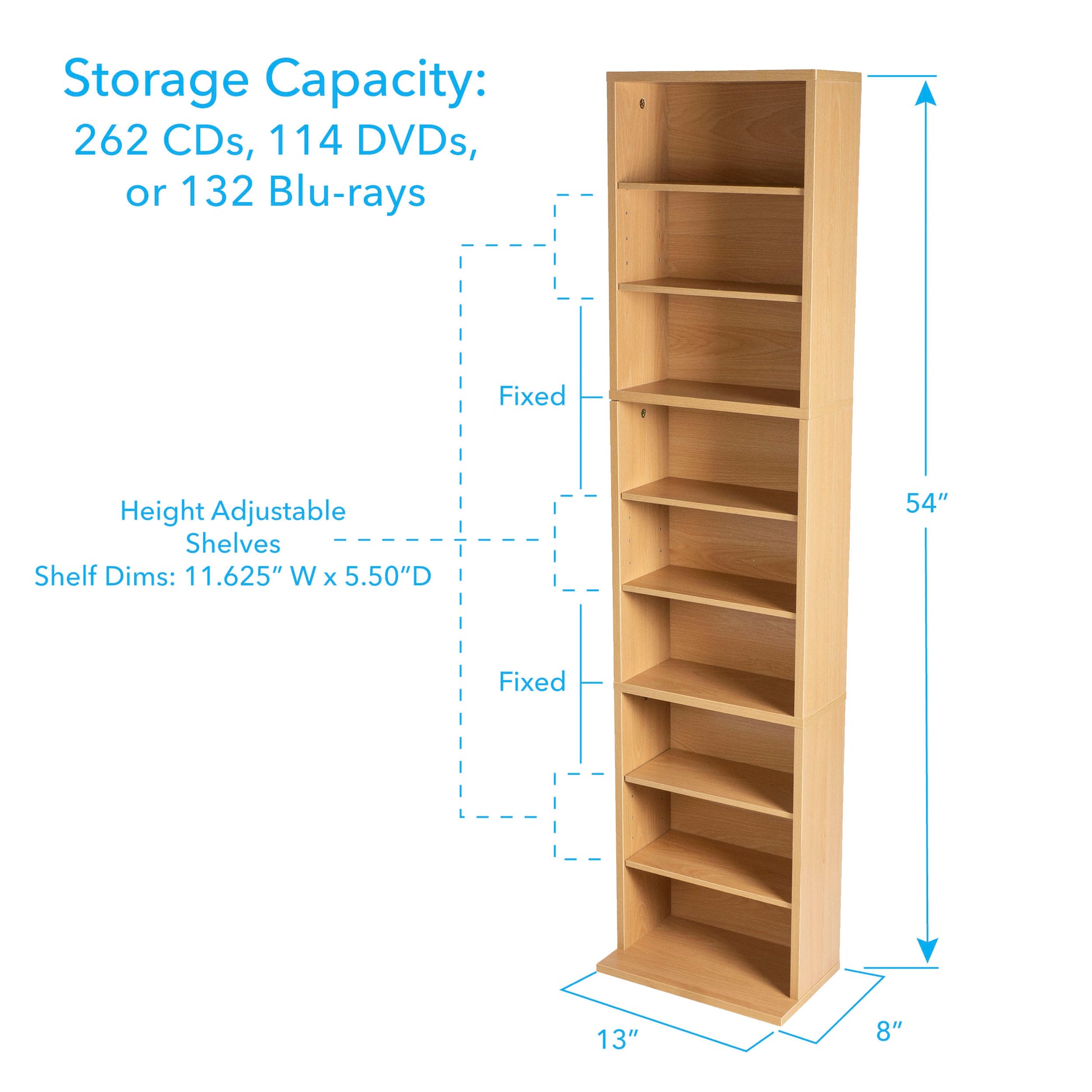 Media Storage, 6 Adjustable Shelves In Maple Tan Particle Board