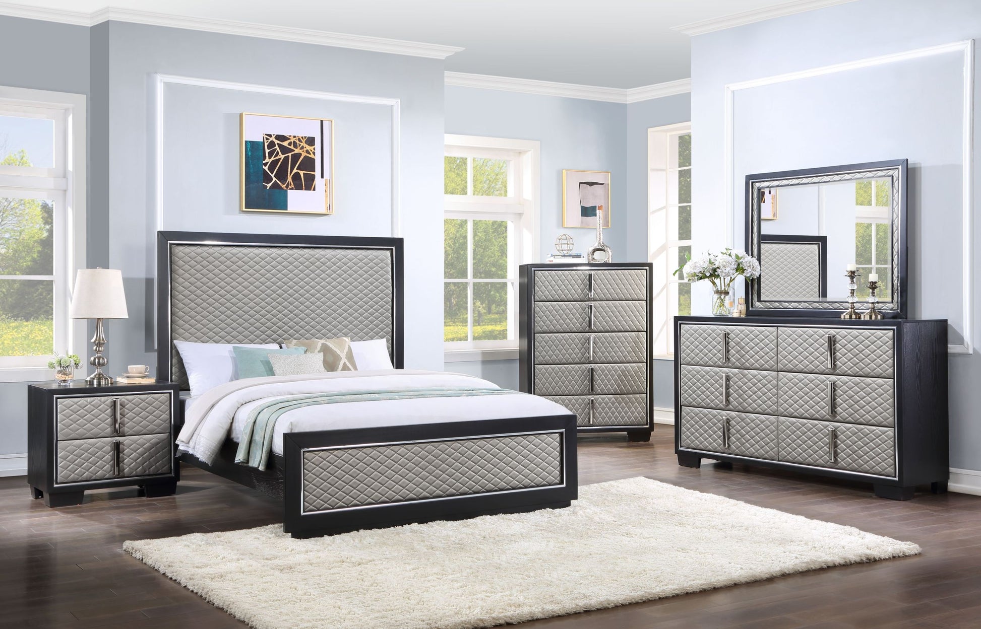 Nicola Ek Bed Silver Pu & Black Finish Bd01426Ek Black Pu