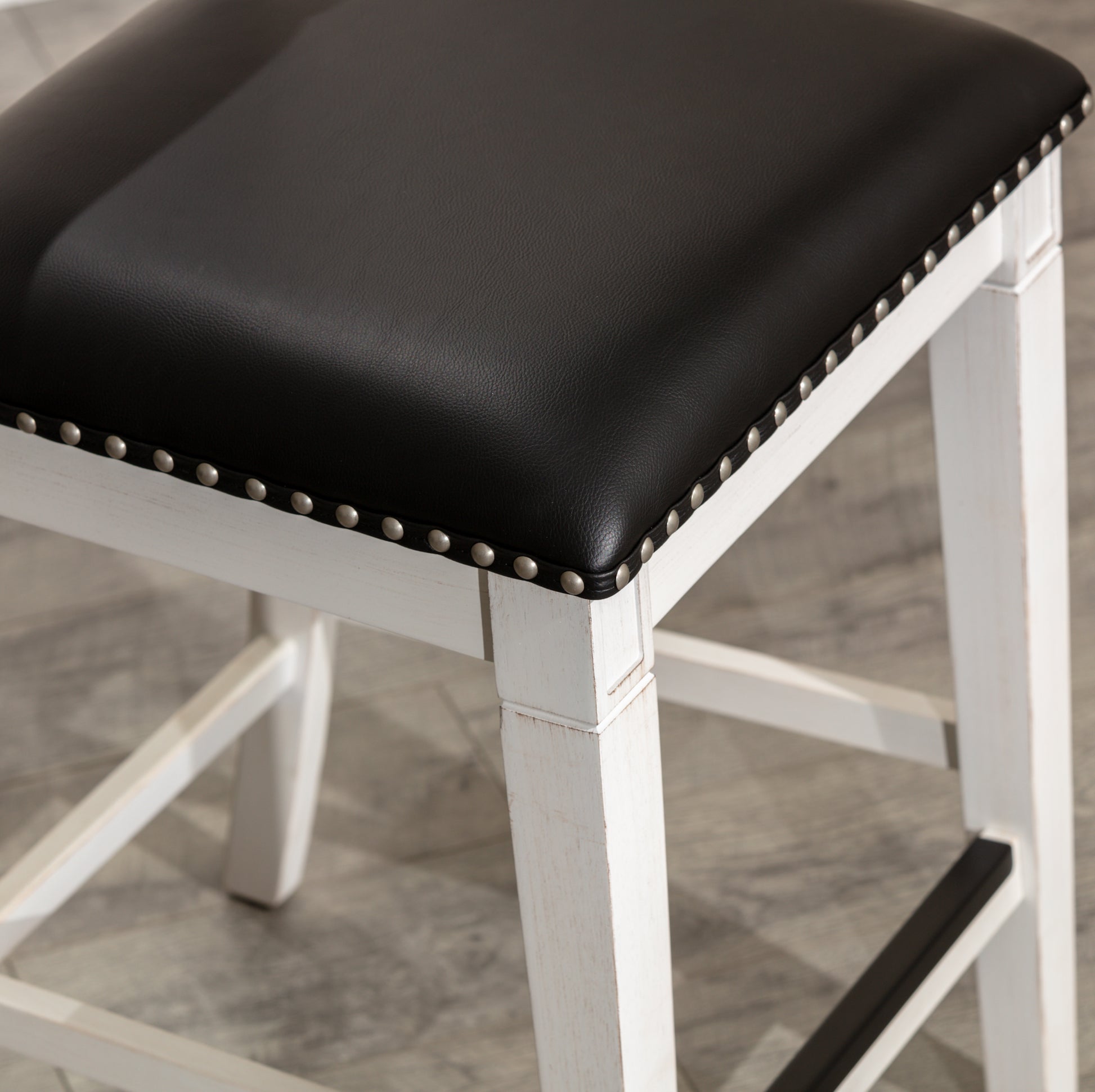 24" Counter Stool, Antique White Finish, Black Leather Seat Antique White Bonded Leather