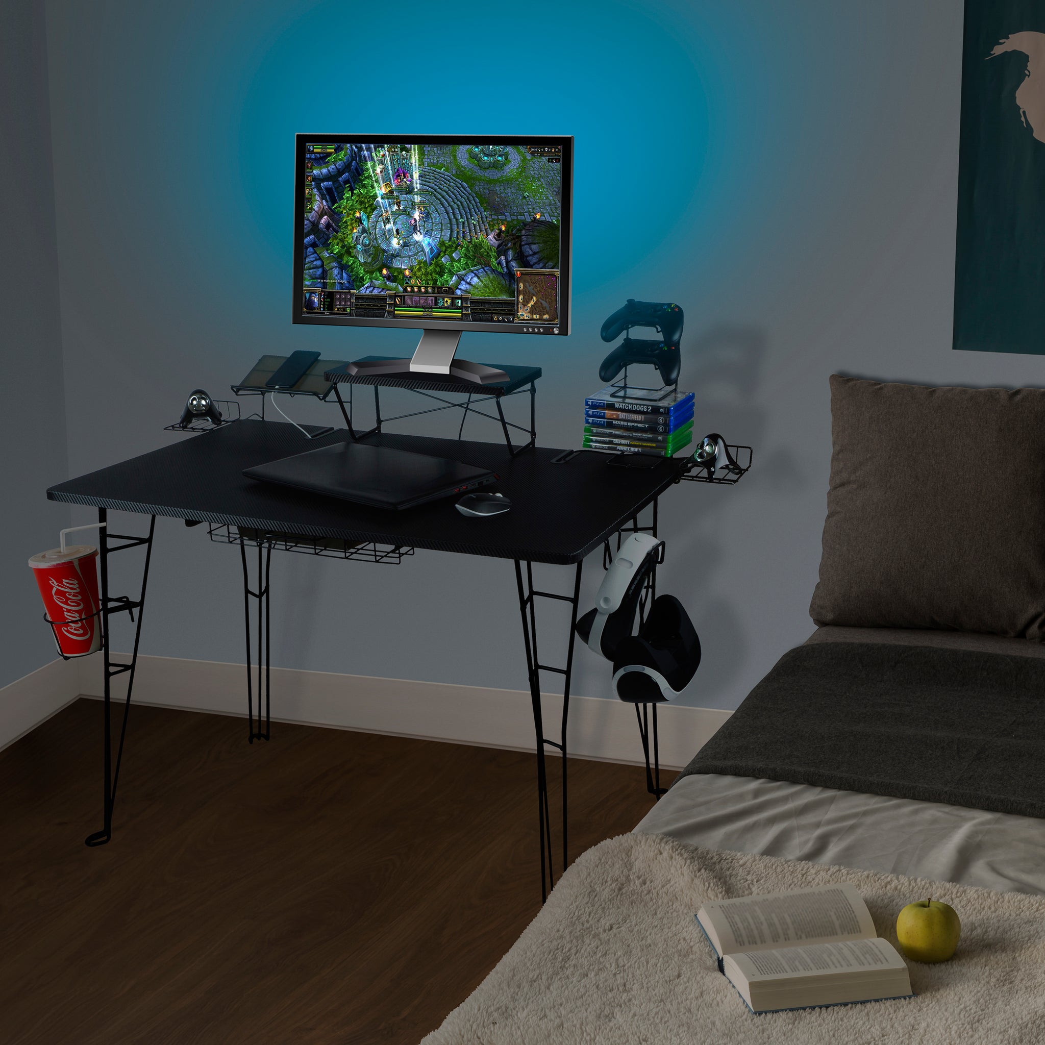 Gaming Desk, Charging Station, Elevated Shelf, Mdf Top With Powder Coated Metal Legs In Black Black Metal