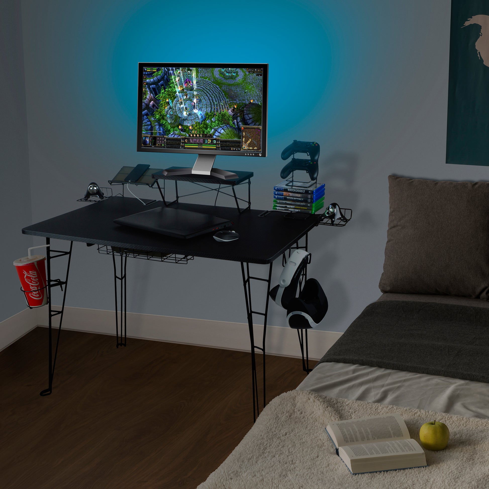 Gaming Desk, Charging Station, Elevated Shelf, Mdf Top With Powder Coated Metal Legs In Black Black Metal