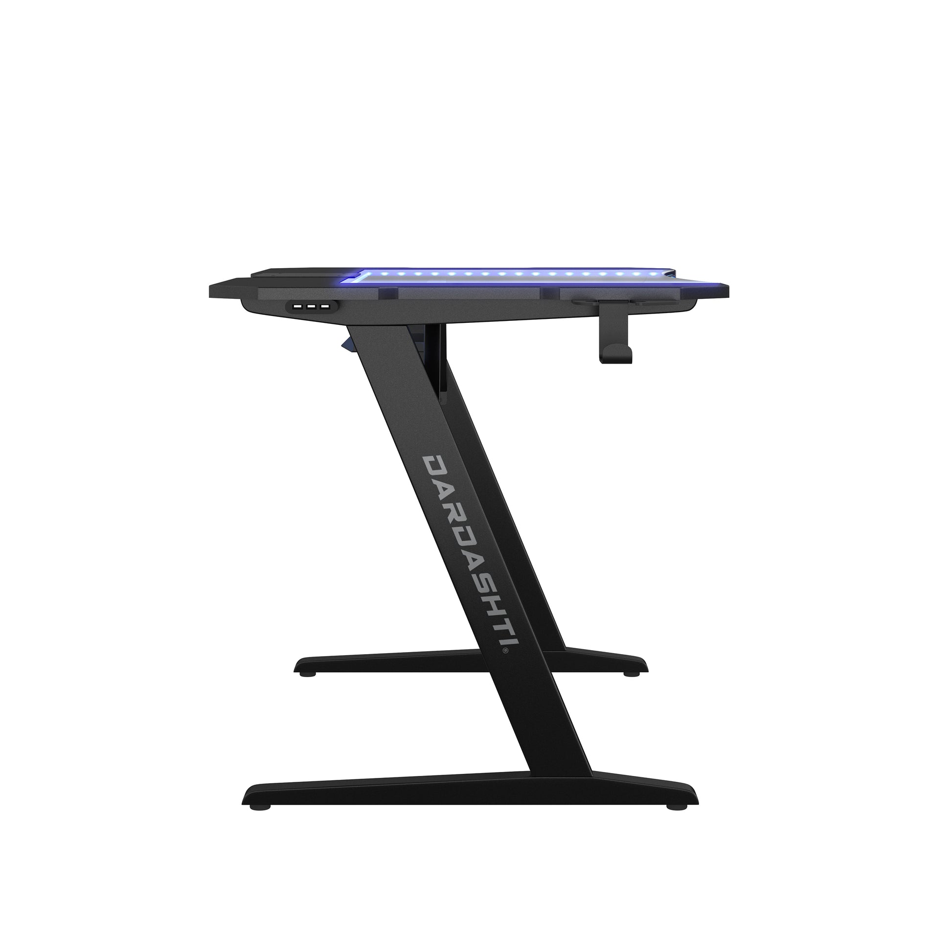 Gaming Desk, Steel Legs, Multicolored Led Lights, Cup Holder, 3 Usb Ports, Tempered Glass Accent In Black Black Metal