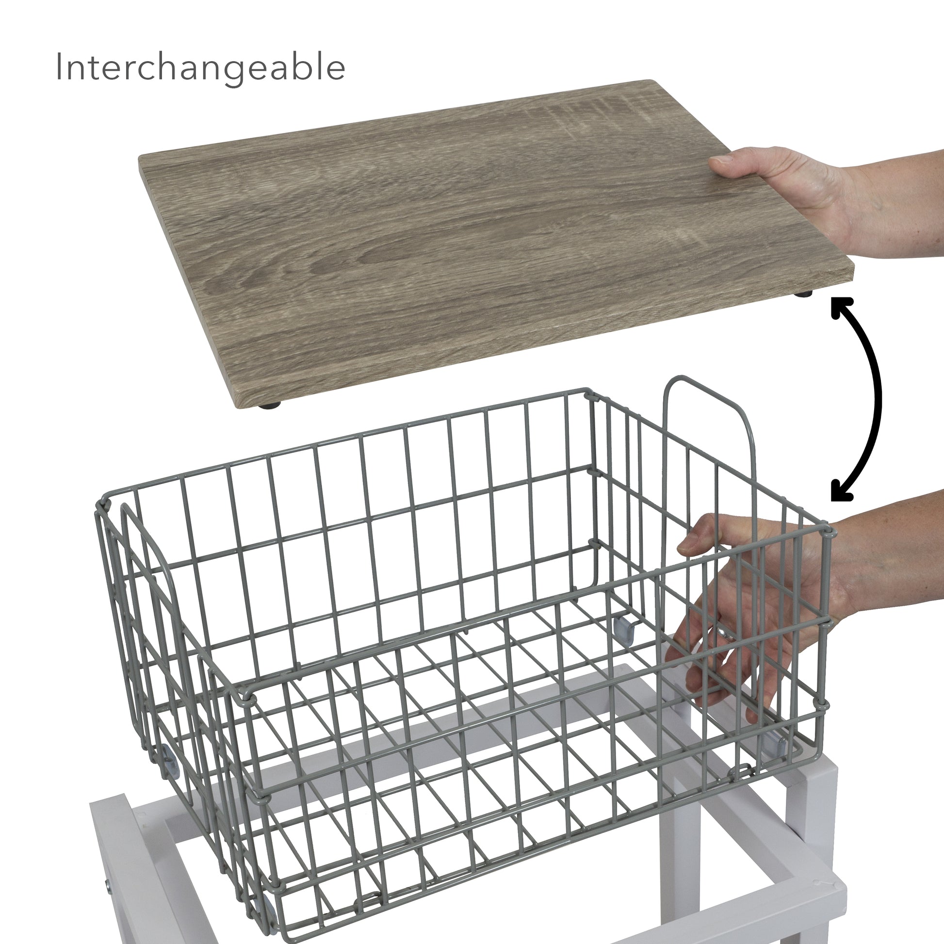 2 Tier Cart, Interchangeable Baskets And Shelves, Caster Wheels, Powder Coated Metal In White White Metal
