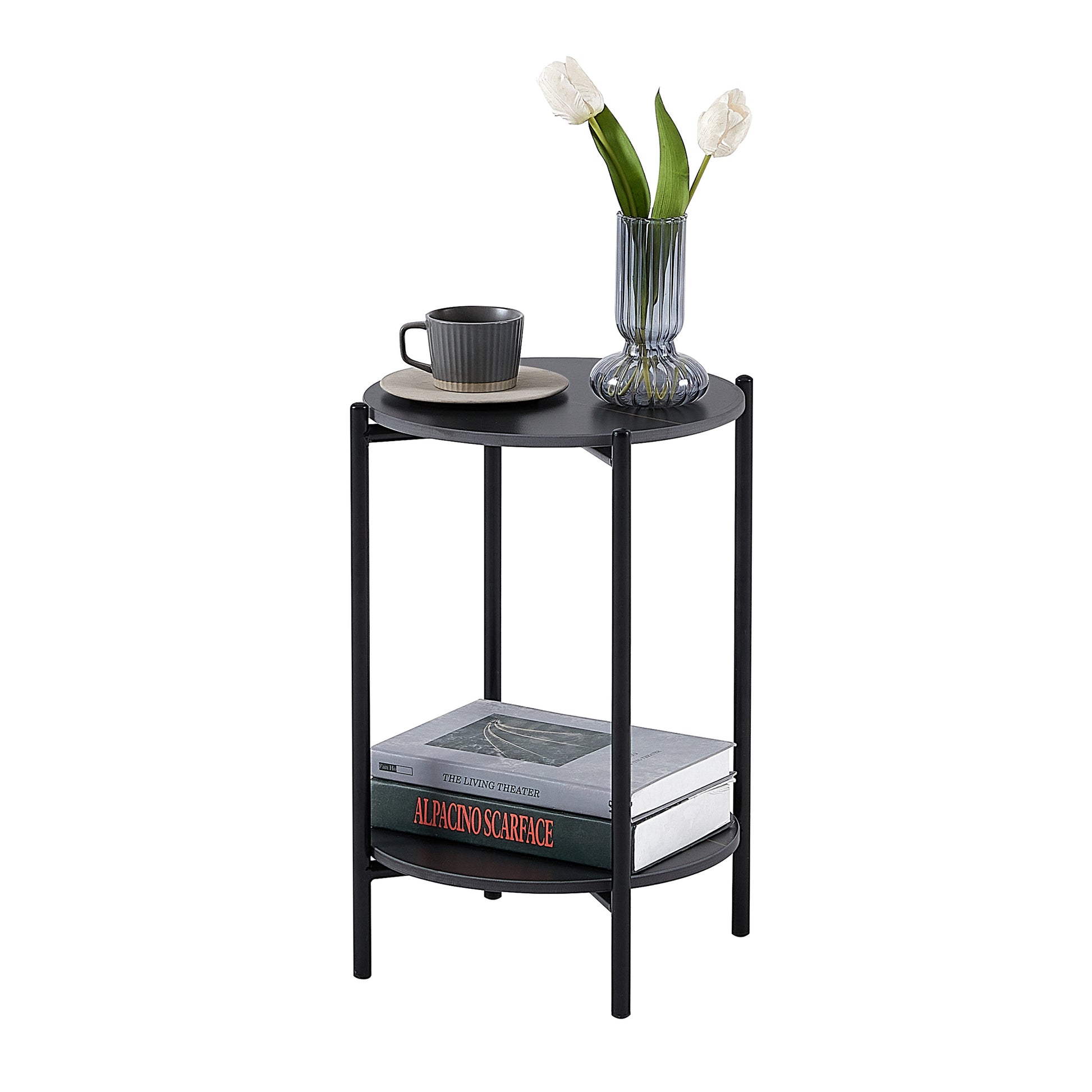 2 Layer End Table With Whole Marble Tabletop, Round Coffee Table With Black Metal Frame For Bedroom Living Room Office Black,1 Piece Black Metal