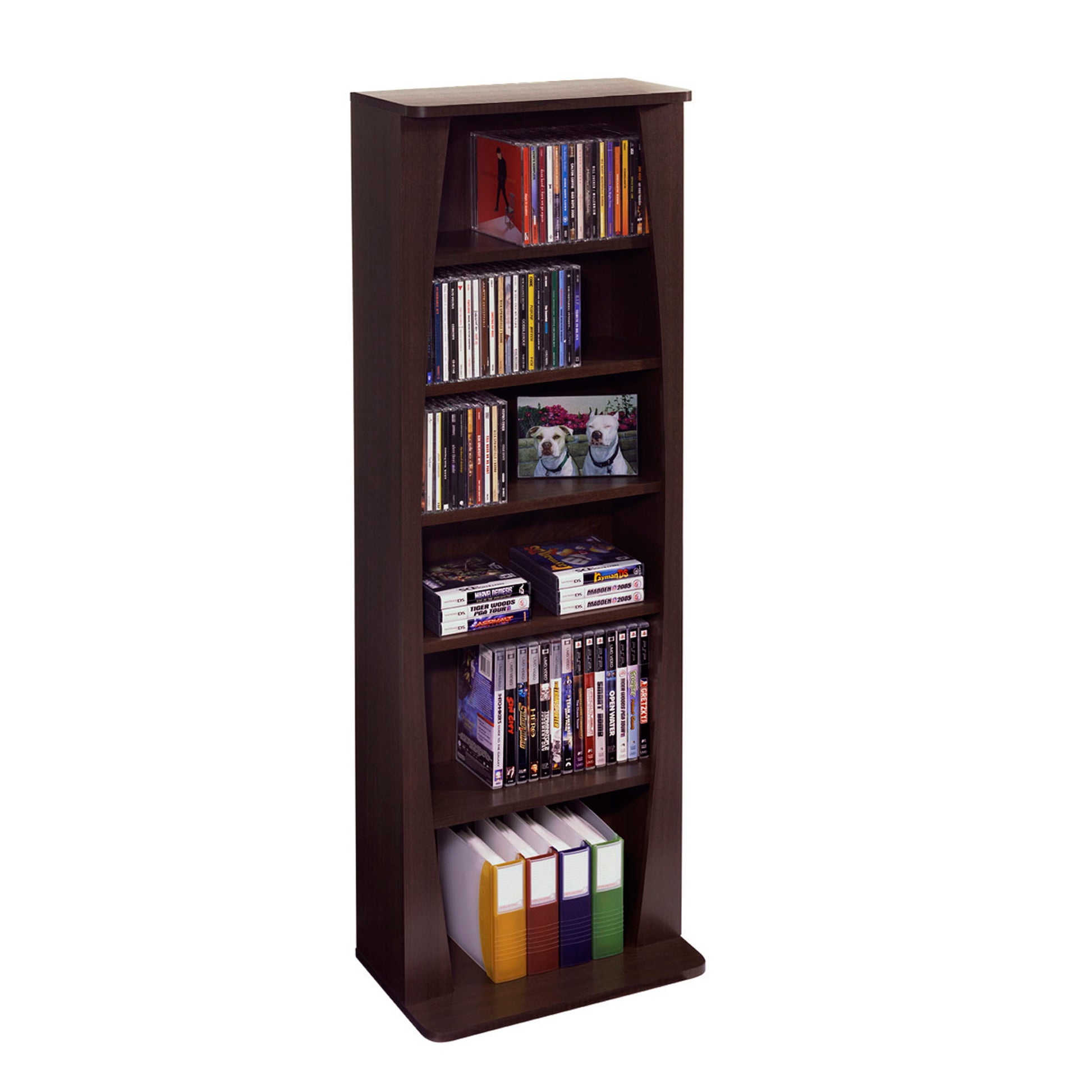 Multimedia Shelving Unit, 5 Adjustable Shelves, Wide Base For Stability, Lightweight In Espresso Brown Black Brown Particle Board