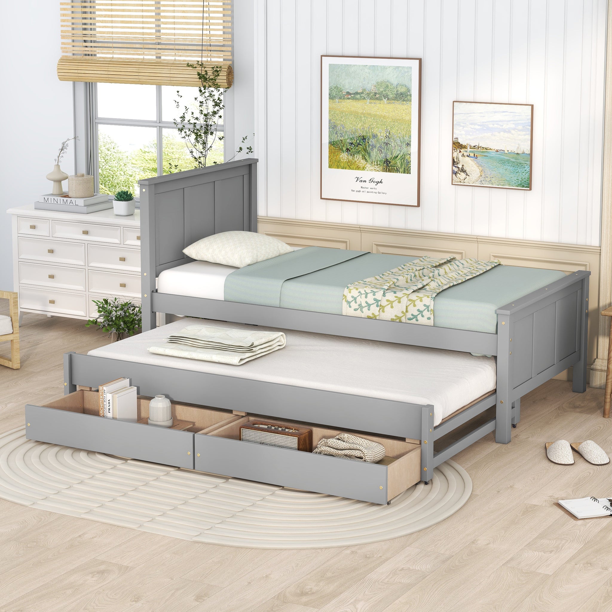 Twin Size Platform Bed With Trundle And Drawers, Gray Gray Pine