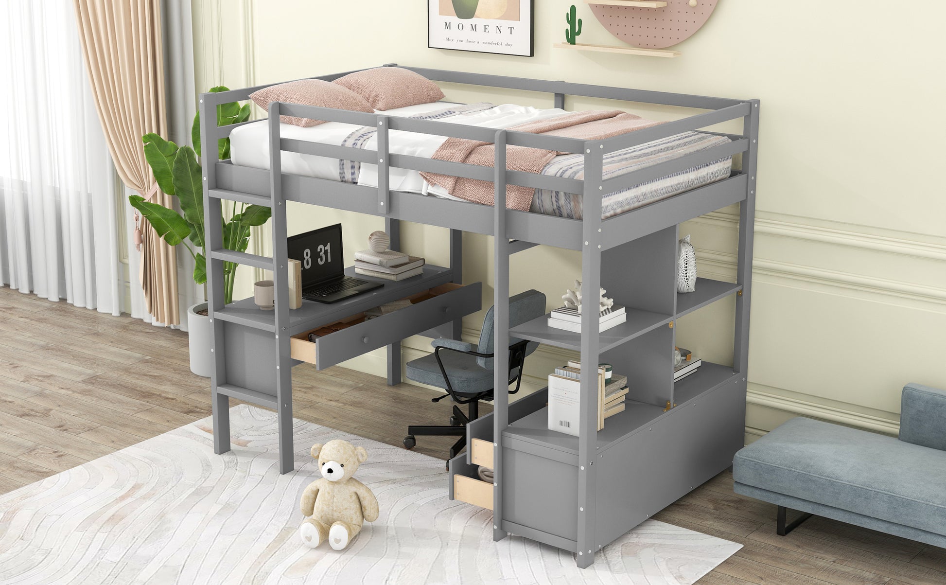 Twin Size Loft Bed With Built In Desk With Two Drawers, And Storage Shelves And Drawers,Gray Gray Pine