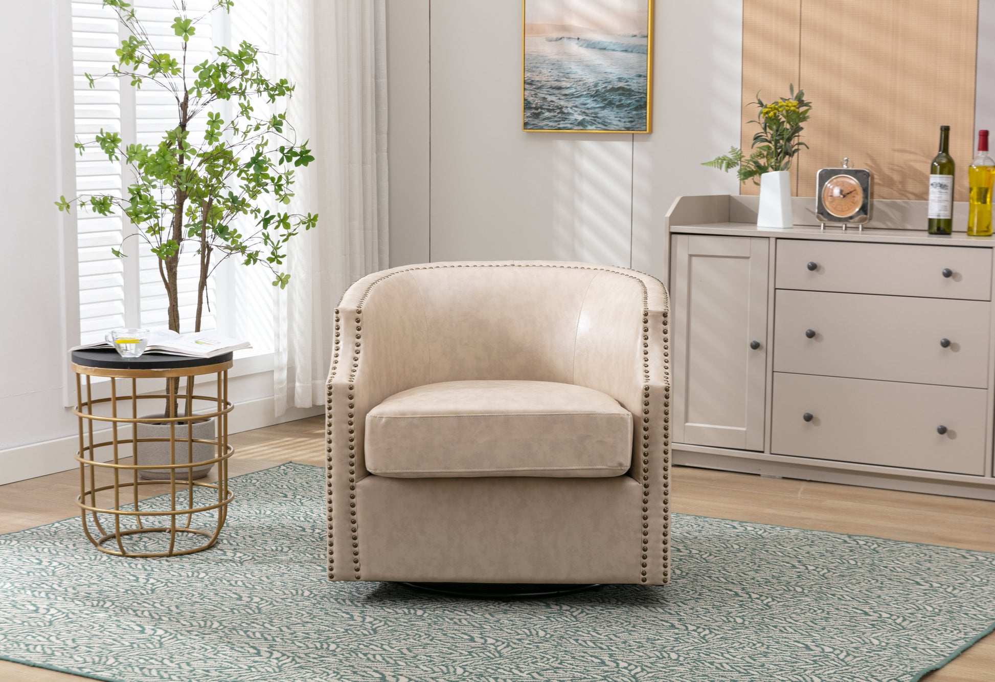 Coolmore Swivel Chair Living Room Chair Beige Metal