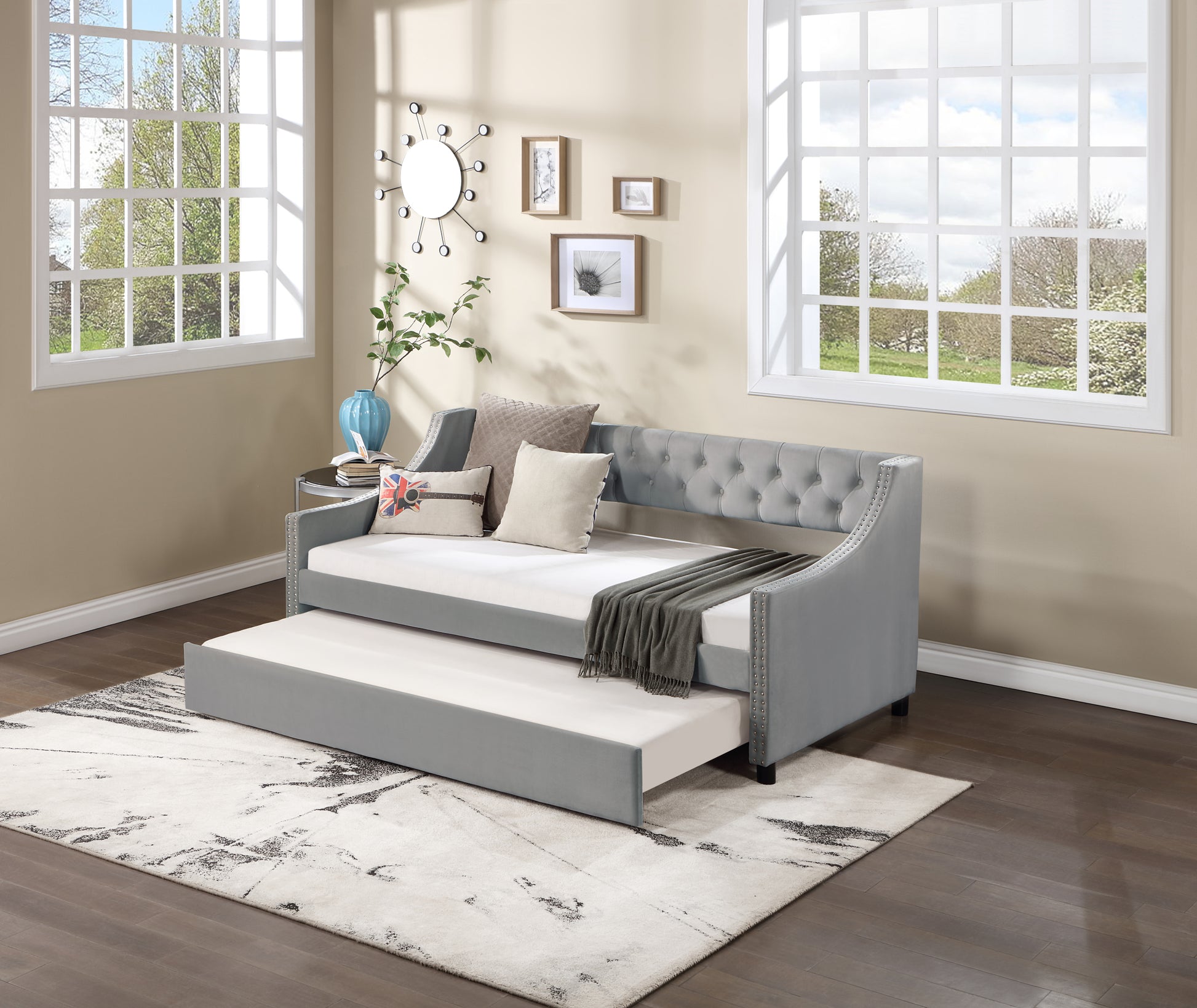 Twin Size Upholstered Daybed With Trundle,Sturdy Wood Bedframe W Bedframe Tufted Button & Copper Nail On Arms Design,Perfect For Bedroom,Guest Room Furniture,No Box Spring Needed Light Gray Foam Solid Wood