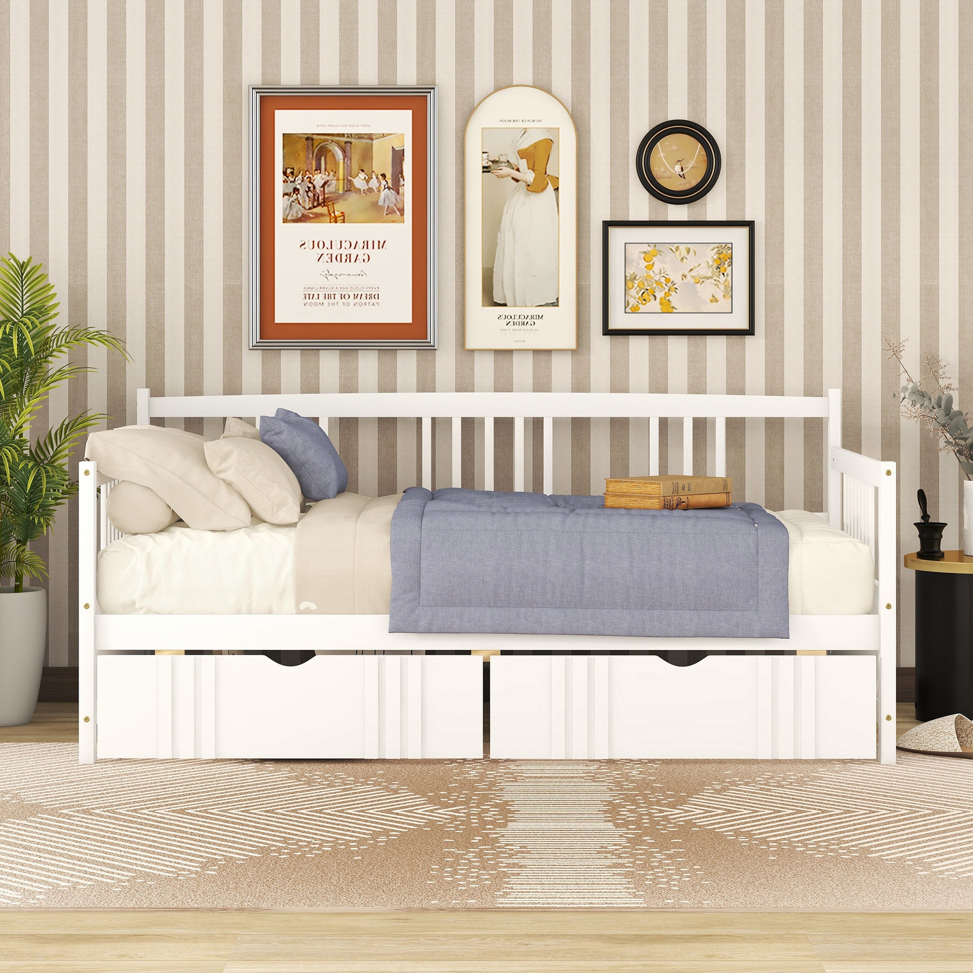 Twin Size Daybed Wood Bed With Two Drawers,White Old Sku:Lp000057Aak White Solid Wood