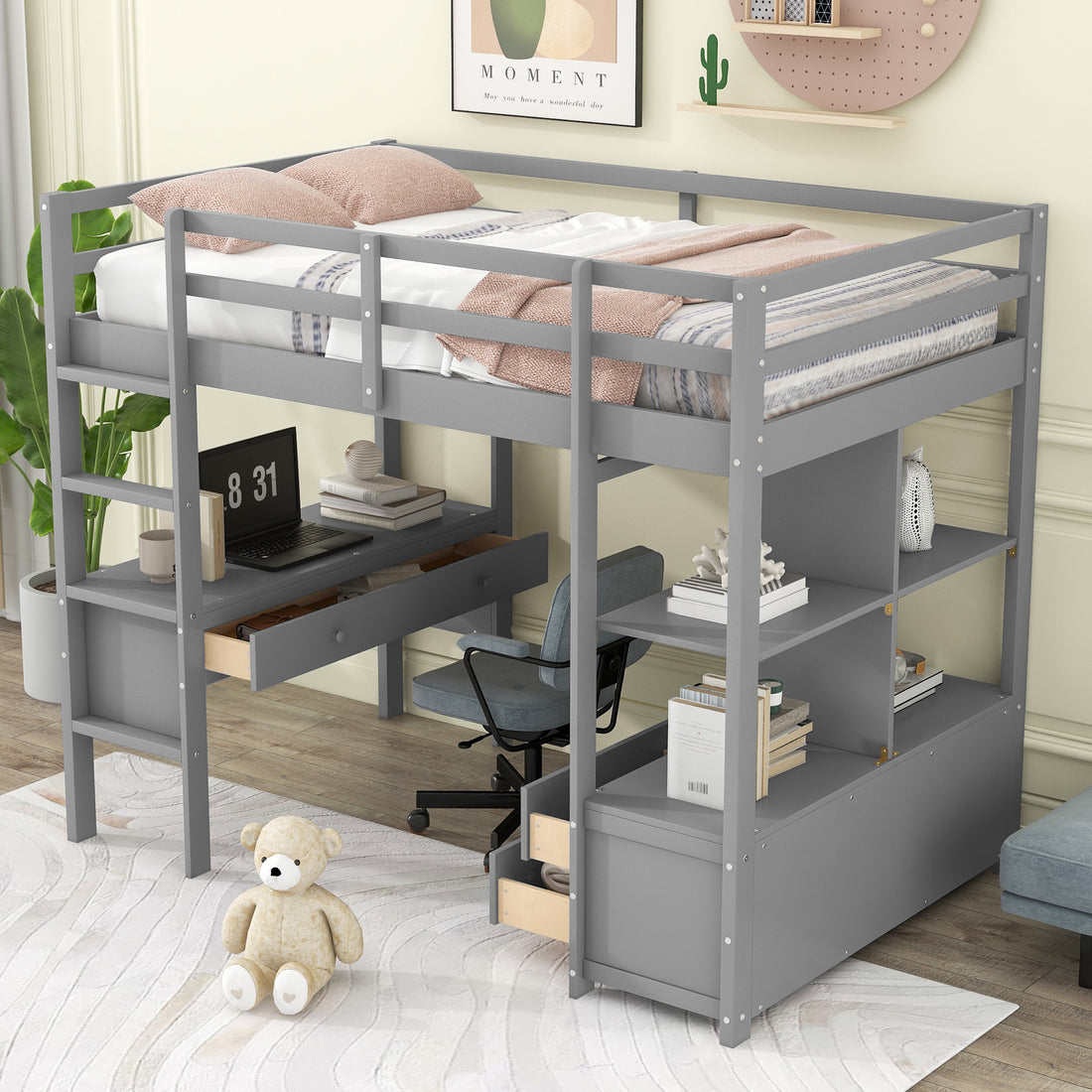 Twin Size Loft Bed With Built In Desk With Two Drawers, And Storage Shelves And Drawers,Gray Gray Pine