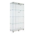 Lighted Two Door Glass Cabinet Glass Display Cabinet With 4 Shelves, White White Glass