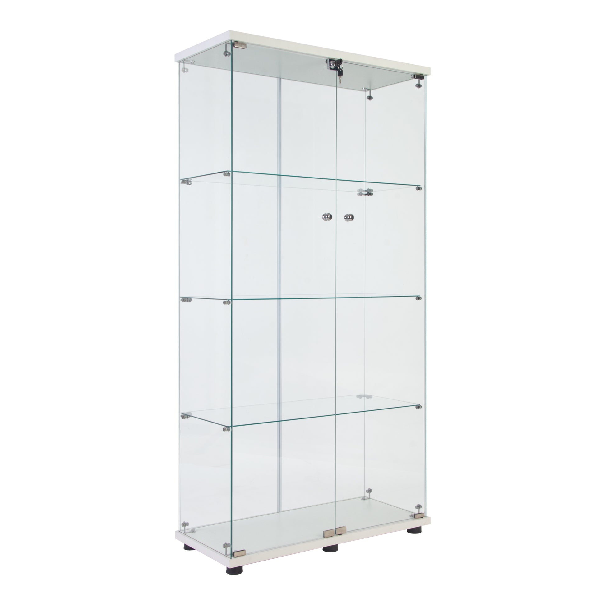 Lighted Two Door Glass Cabinet Glass Display Cabinet With 4 Shelves, White White Glass