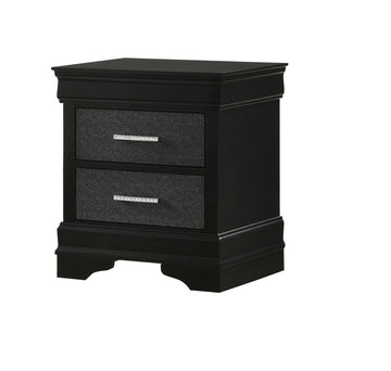 1Pc Modern Glam Style Two Drawers Nightstand Black Finish Solid Wood Crystal Like Button Tufted Black Solid Wood