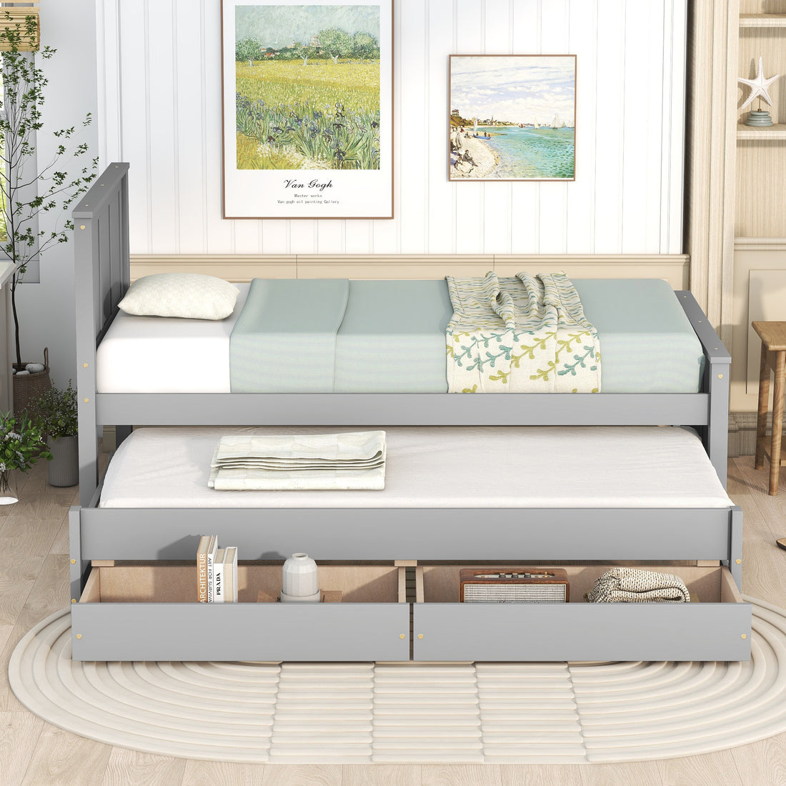 Twin Size Platform Bed With Trundle And Drawers, Gray Gray Pine