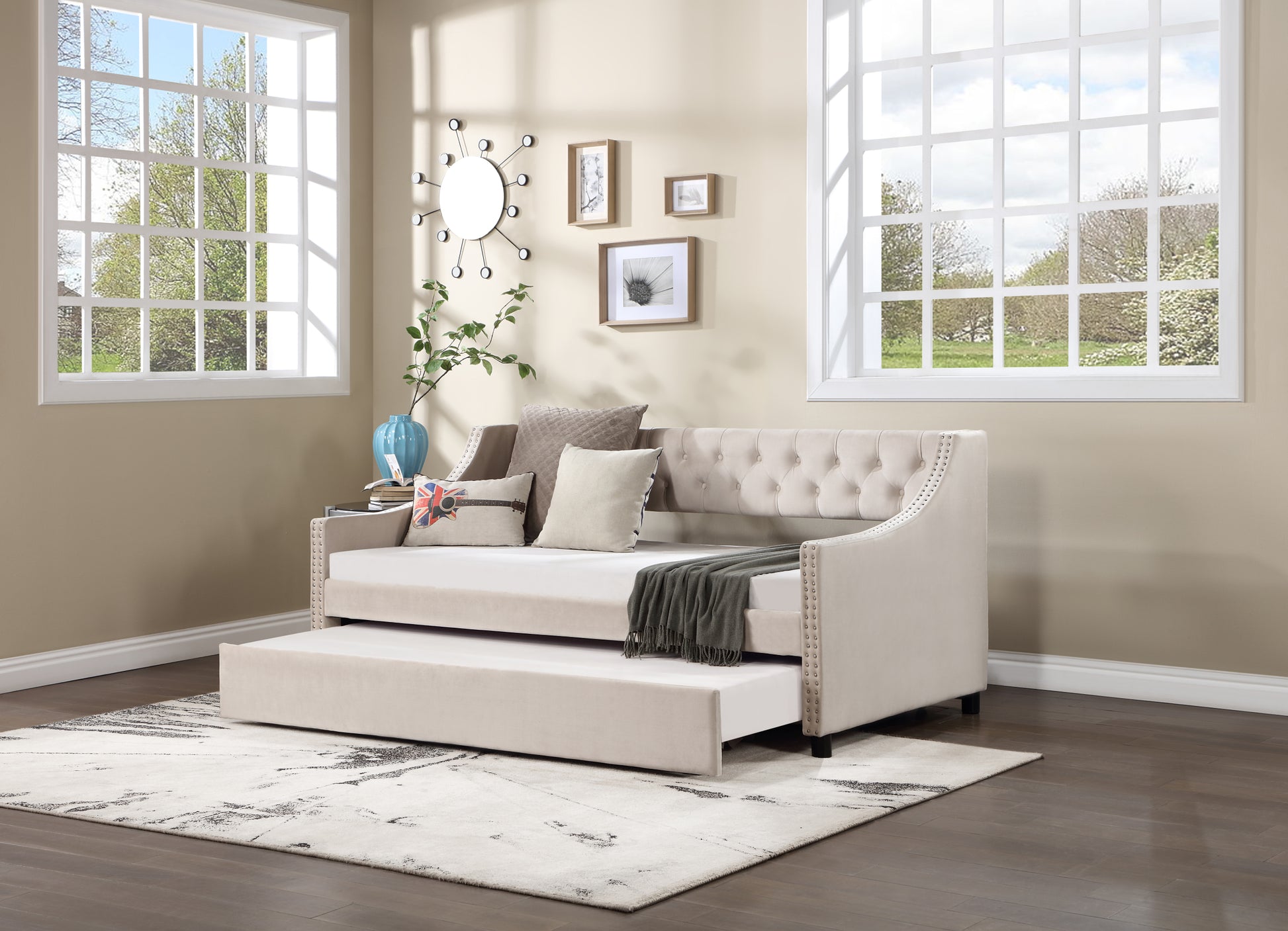Upholstered Daybed With Trundle, Twin Size Frame, Beige Velvet Beige Foam Solid Wood