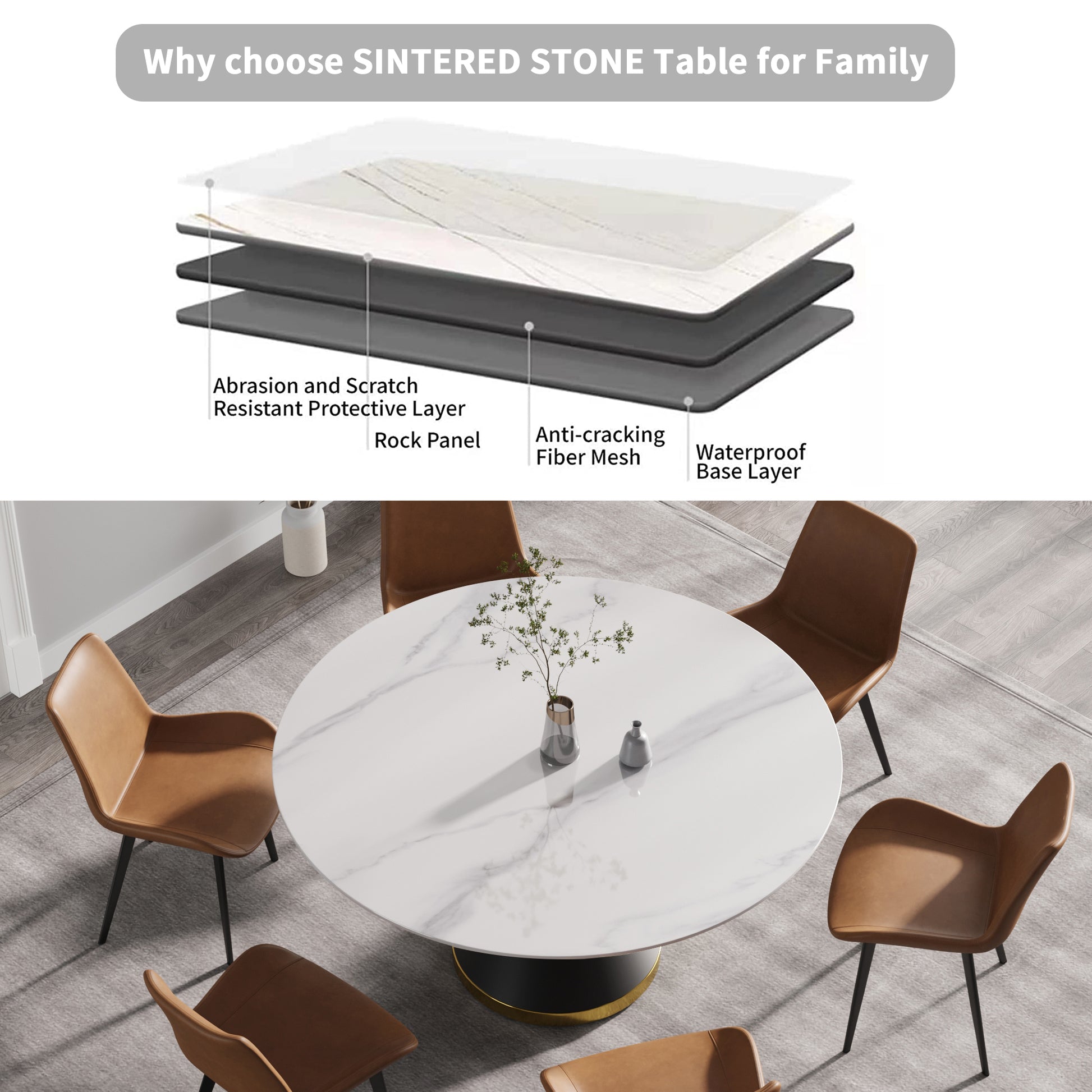 59.05"Modern Artificial Stone Round Black Carbon Steel Base Dining Table Can Accommodate 6 People White Metal Marble