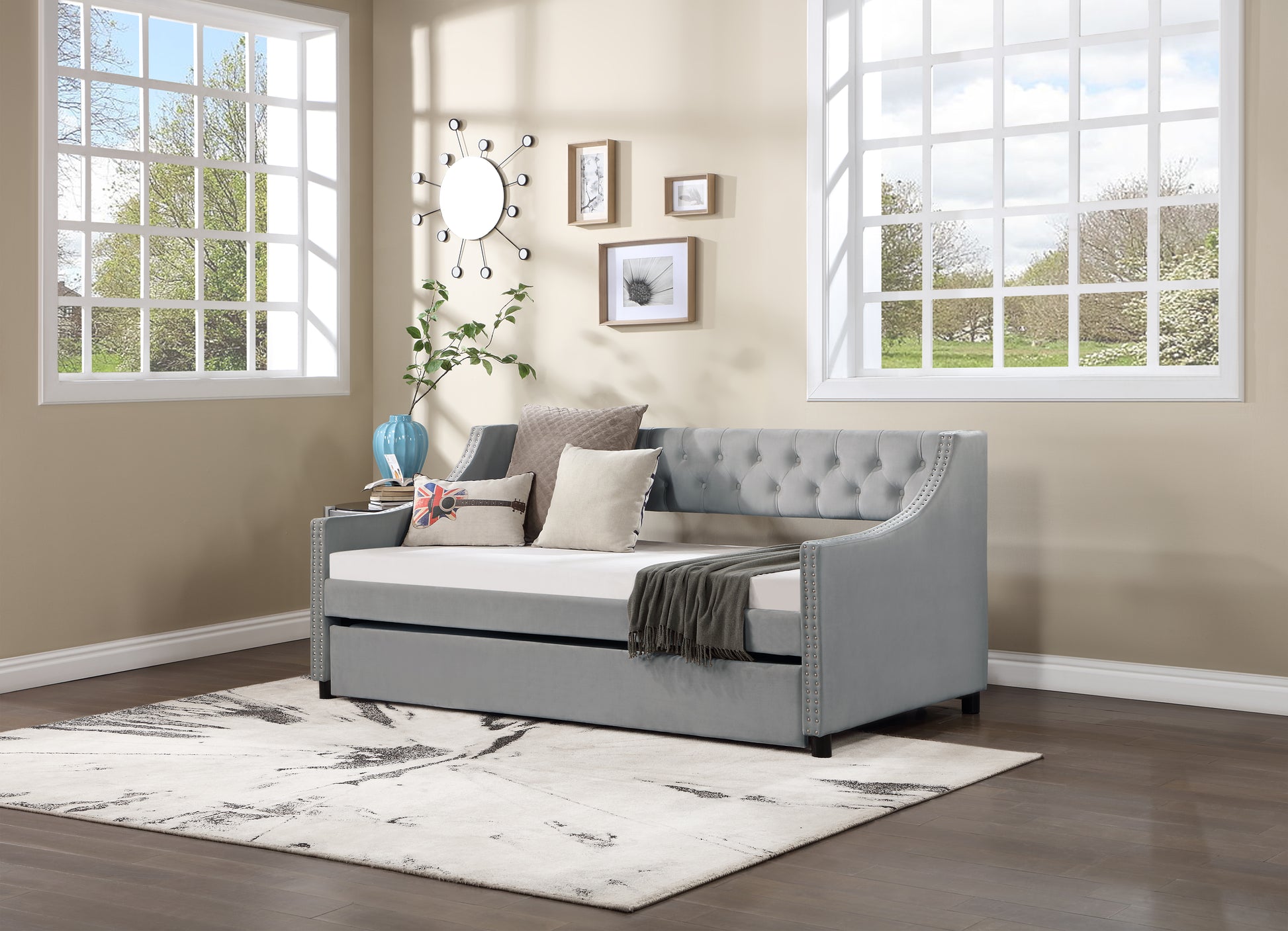 Daybed With Trundle Upholstered Tufted Sofa Bed, With Button And Copper Nail On Arms Full Size Gray Solid Wood