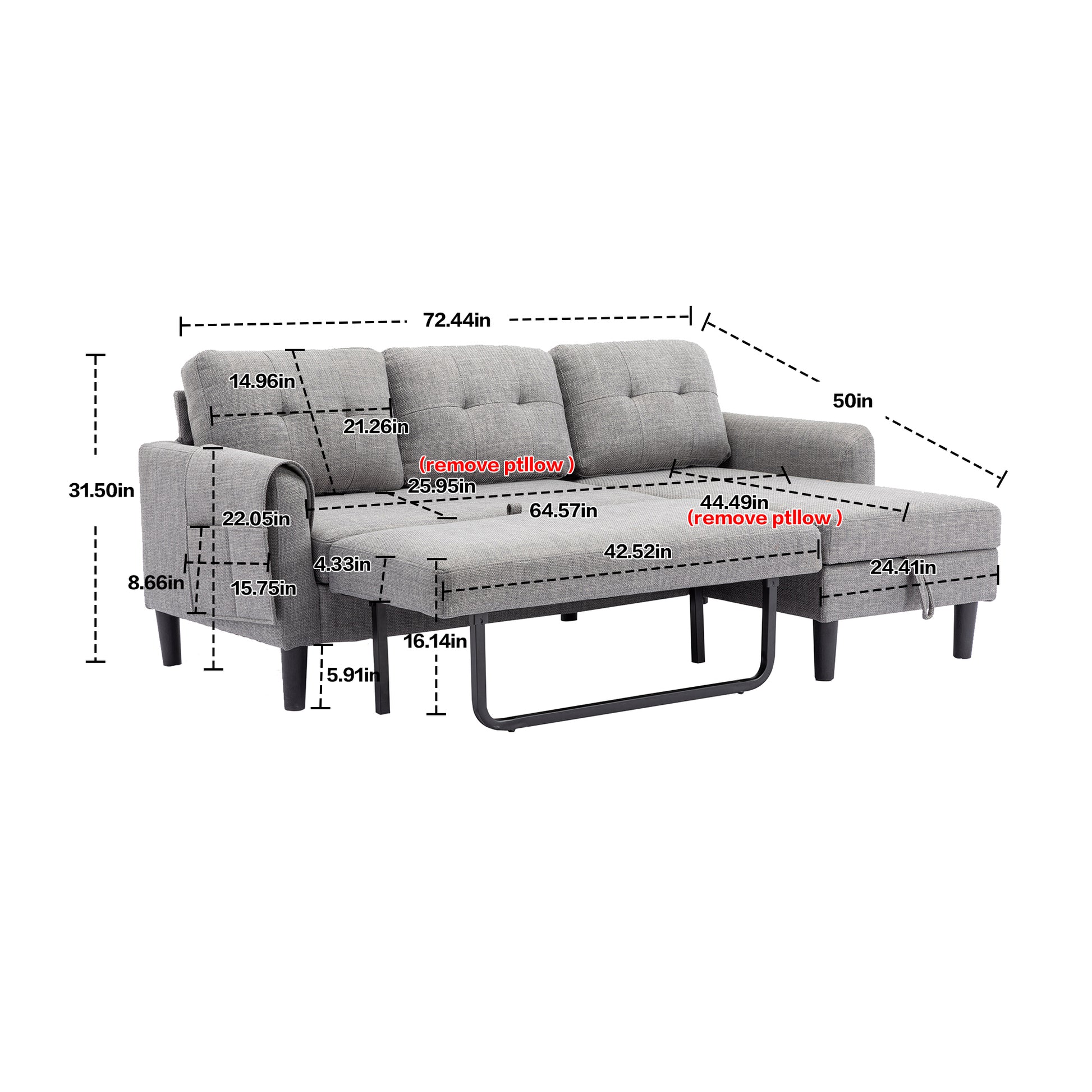 United We Win Sectional Sofa Reversible Sectional Sleeper Sectional Sofa With Storage Chaise Light Gray Linen