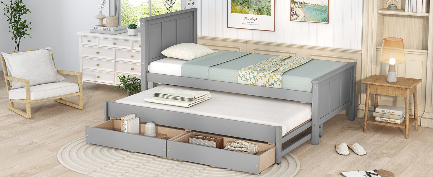 Twin Size Platform Bed With Trundle And Drawers, Gray Gray Pine