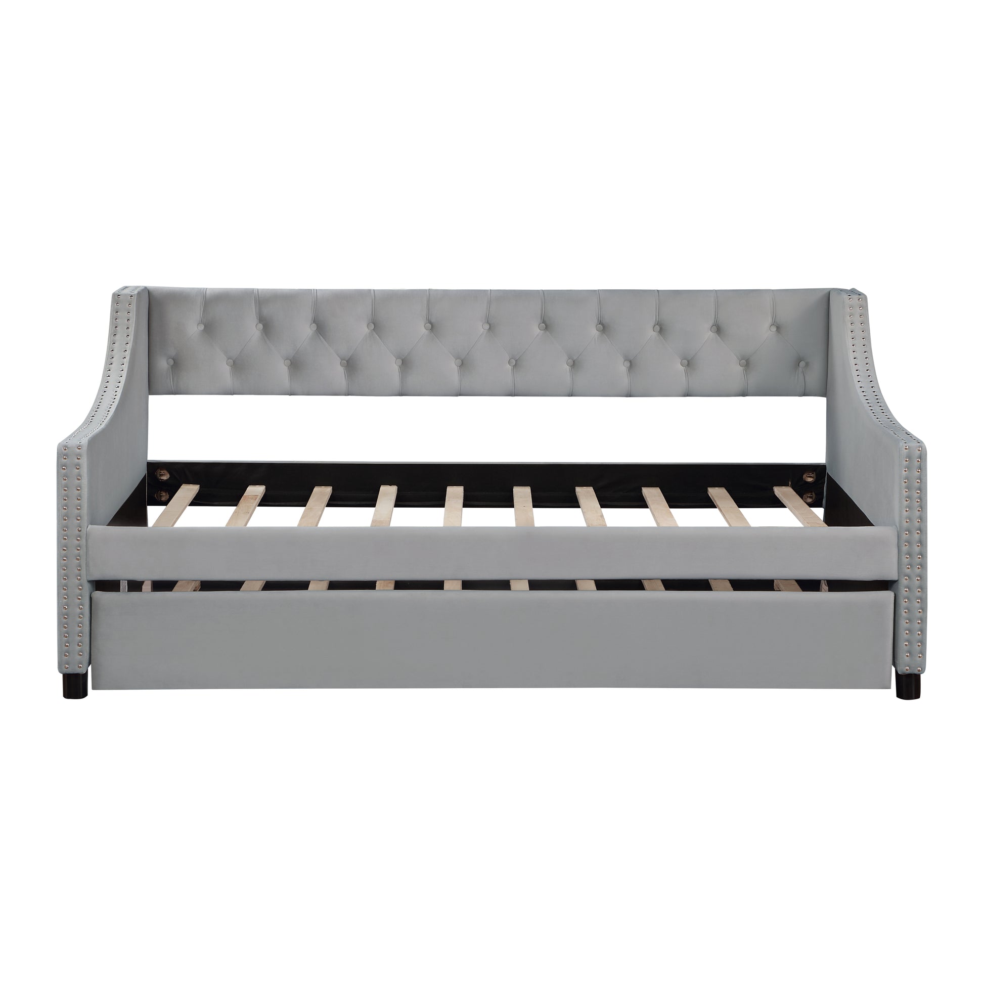 Twin Size Upholstered Daybed With Trundle,Sturdy Wood Bedframe W Bedframe Tufted Button & Copper Nail On Arms Design,Perfect For Bedroom,Guest Room Furniture,No Box Spring Needed Twin Light Gray Foam Solid Wood