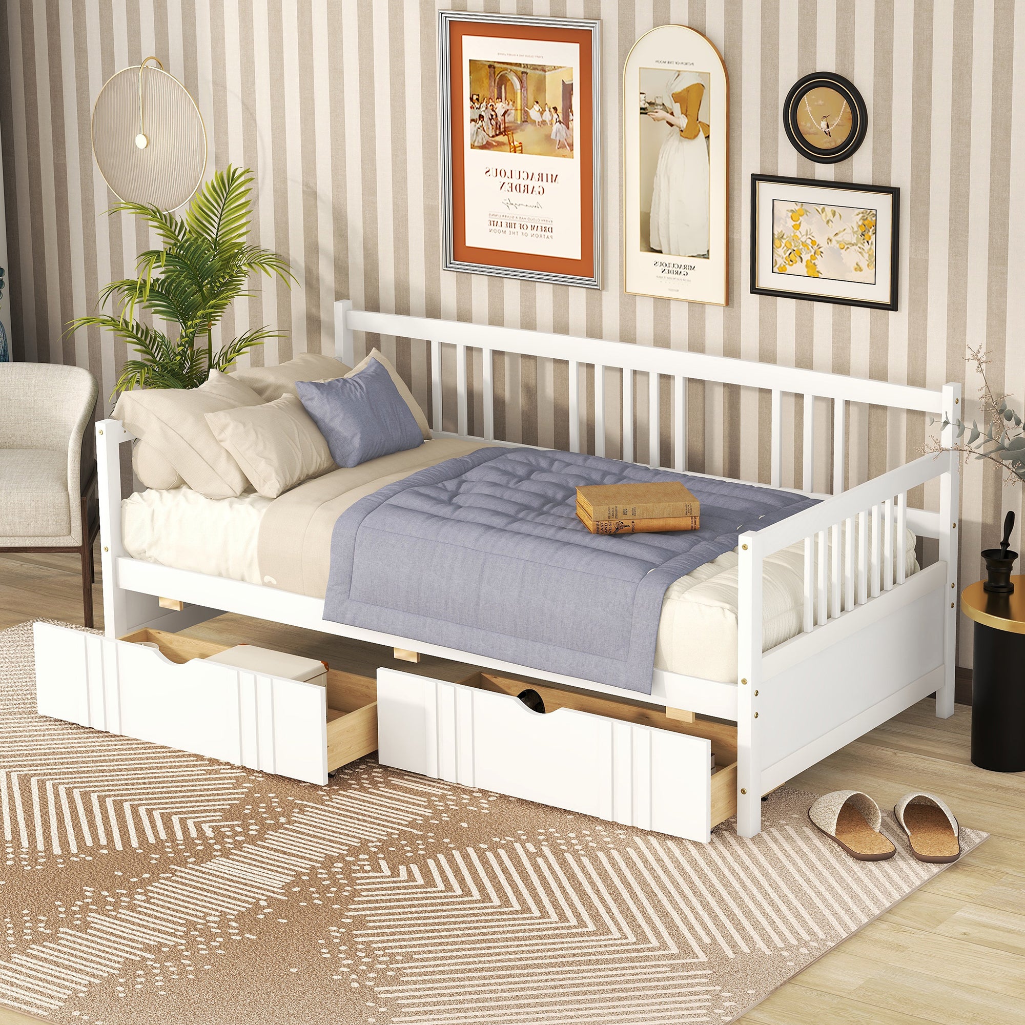 Twin Size Daybed Wood Bed With Two Drawers,White Old Sku:Lp000057Aak White Solid Wood