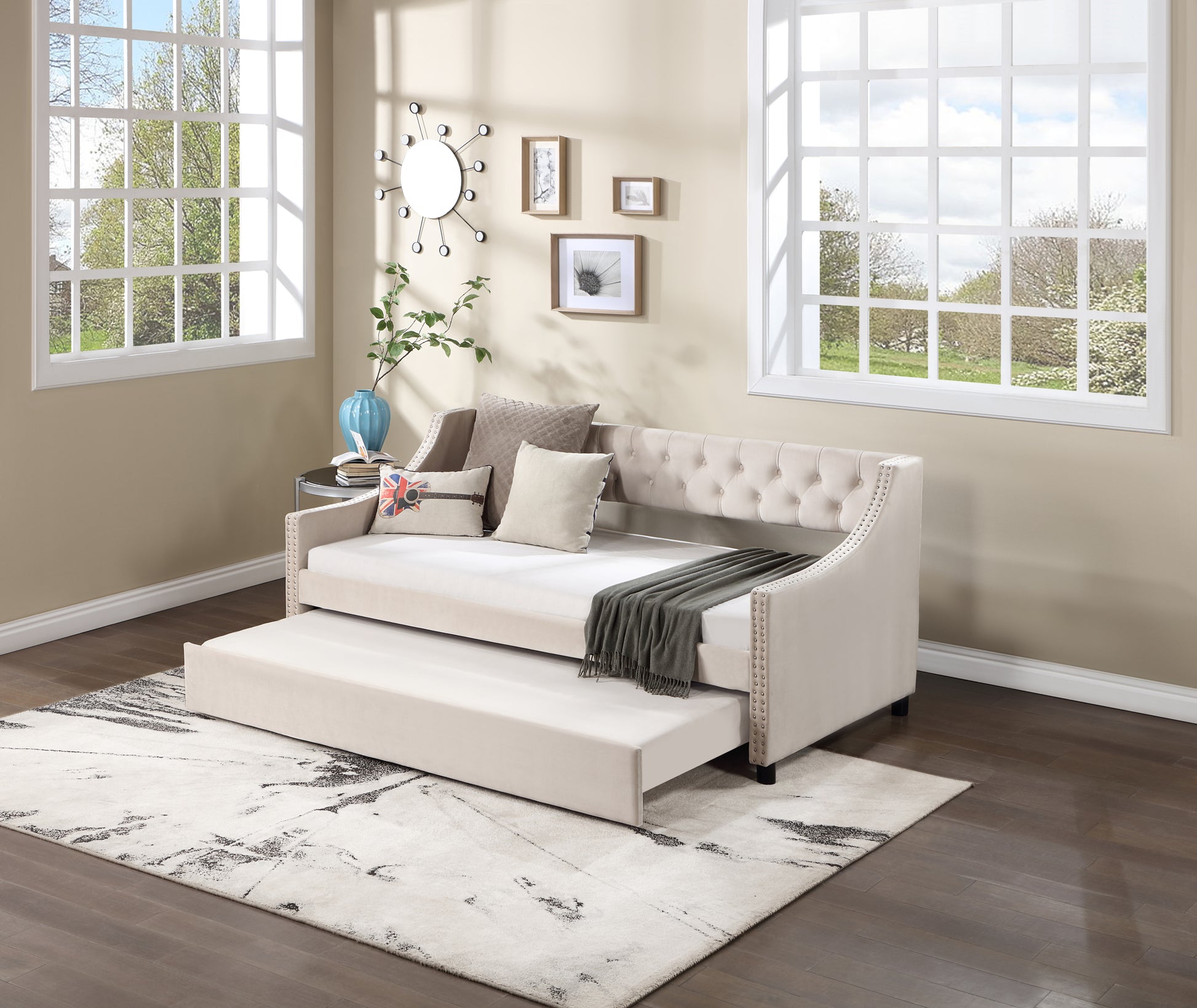 Daybed With Trundle Upholstered Tufted Sofa Bed, With Button And Copper Nail On Arms Full Size Beige Full Beige Solid Wood