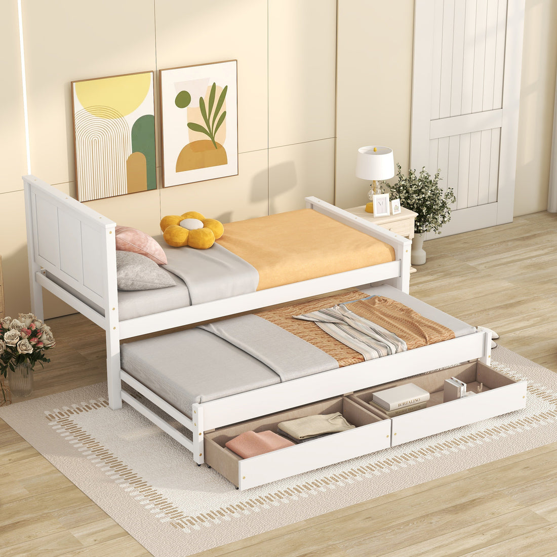 Twin Size Platform Bed With Trundle And Drawers, White White Pine