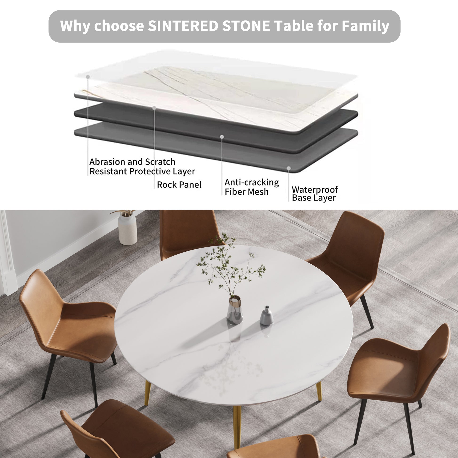 59.05"Modern Man Made Stone Round Golden Metal Dining Table Position For 6 People White Metal Marble