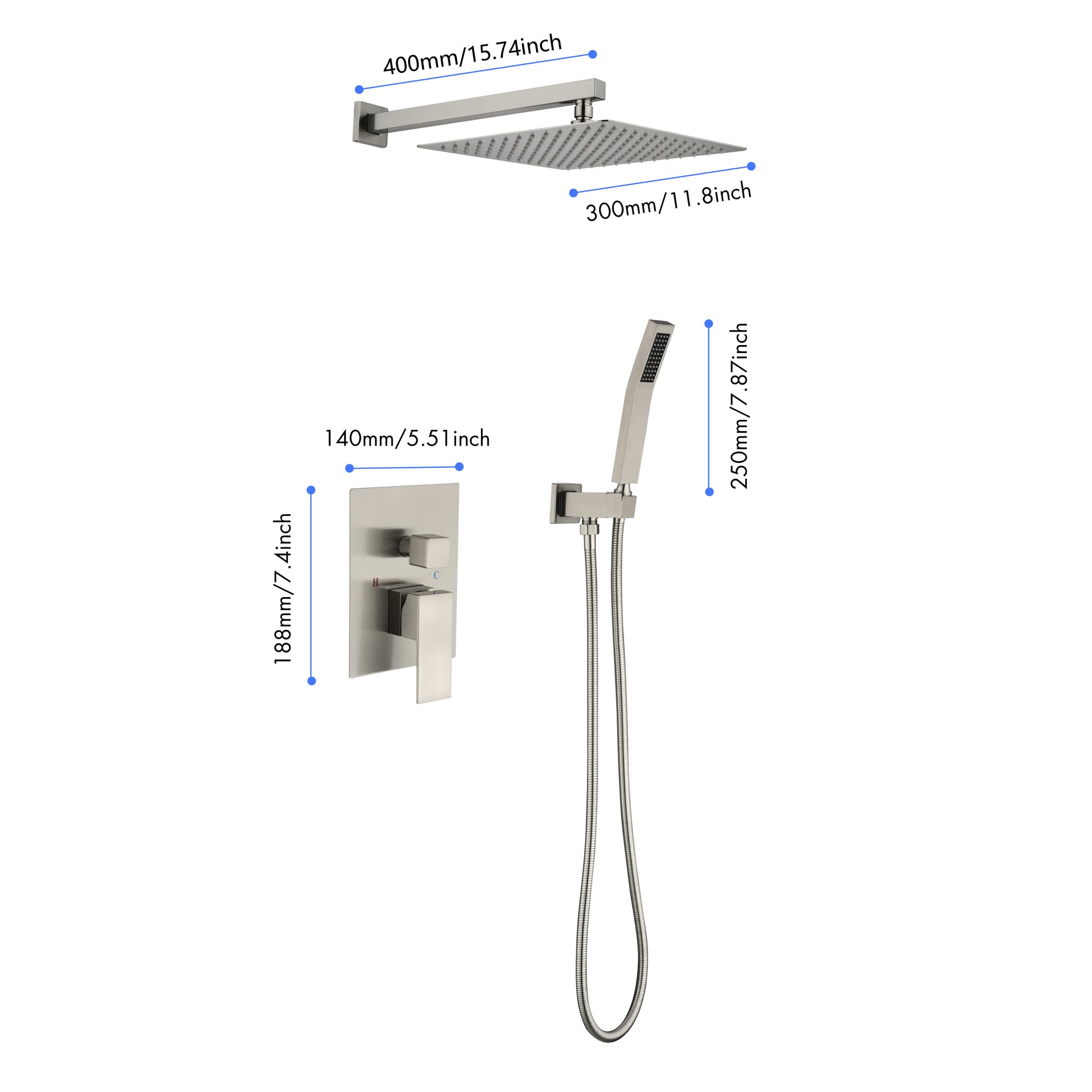 Shower System With Shower Head, Hand Shower, Hose, Valve Trim,Lever Handles And Niche Brushed Nickel Brass