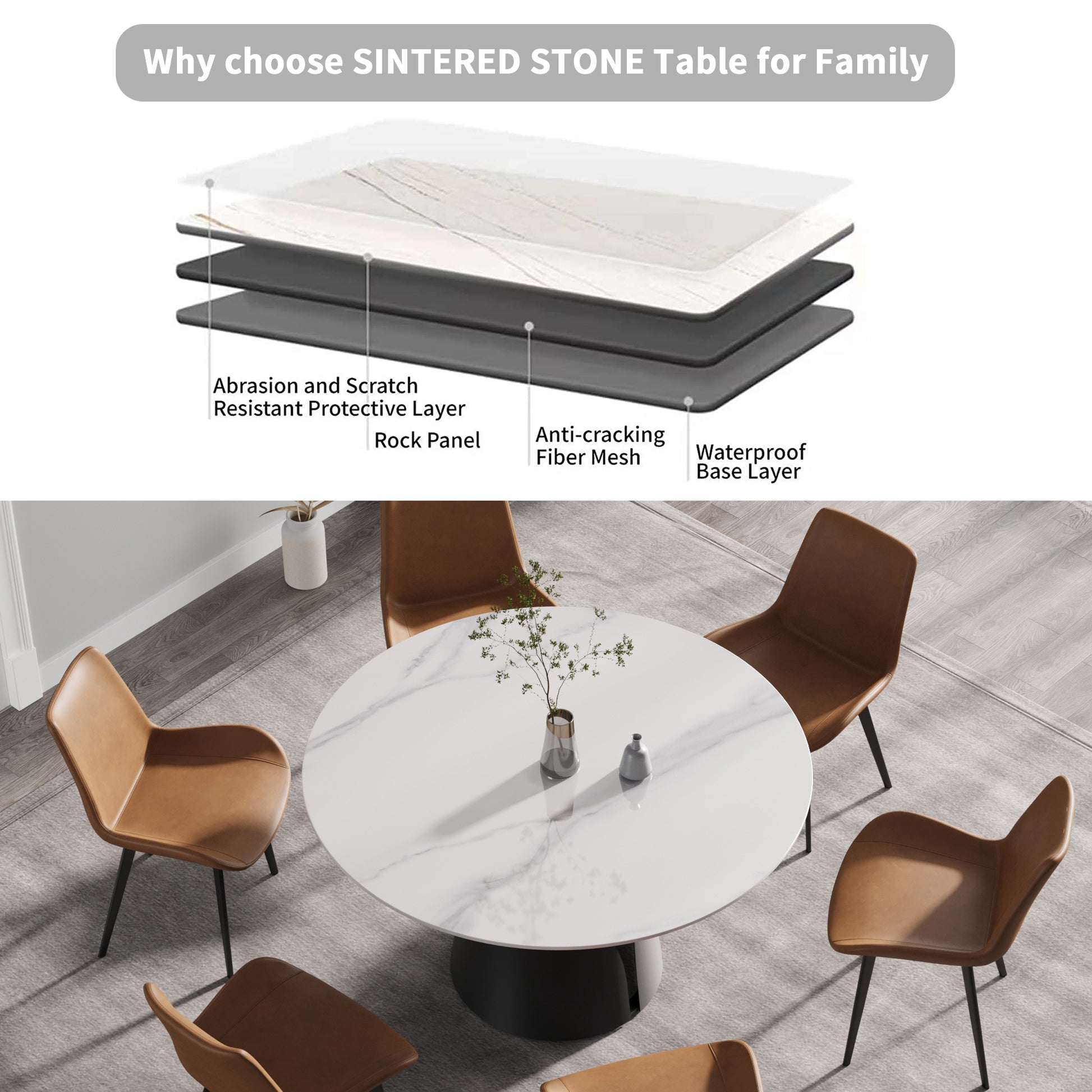 53.15"Modern Artificial Stone Round Black Carbon Steel Base Dining Table Can Accommodate 6 People White Metal Sintered Stone