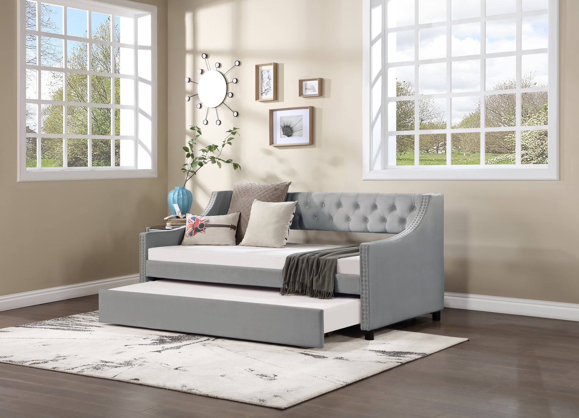 Daybed With Trundle Upholstered Tufted Sofa Bed, With Button And Copper Nail On Arms,Full Size Grey. Full Gray Solid Wood