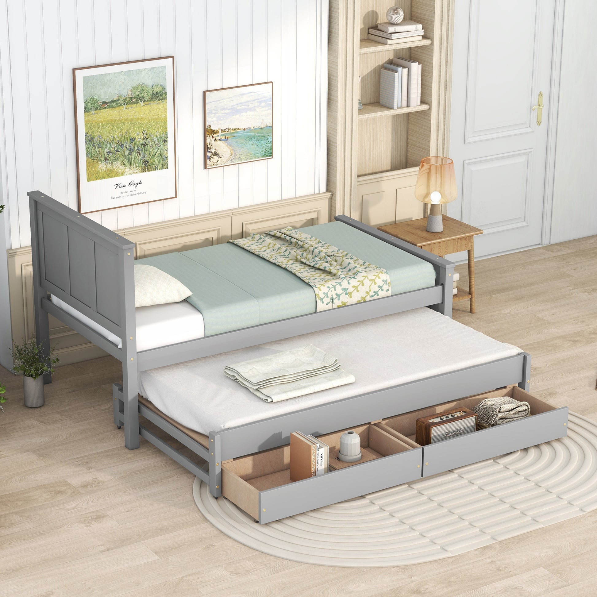 Twin Size Platform Bed With Trundle And Drawers, Gray Gray Pine