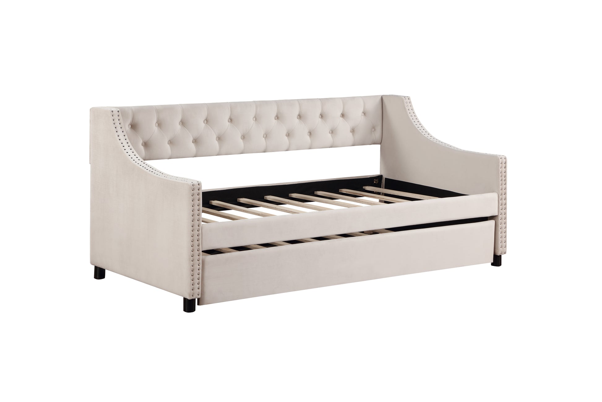 Daybed With Trundle Upholstered Tufted Sofa Bed, With Button And Copper Nail On Arms Full Size Beige Full Beige Solid Wood