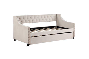 Daybed With Trundle Upholstered Tufted Sofa Bed, With Button And Copper Nail On Arms Full Size Beige Full Beige Solid Wood