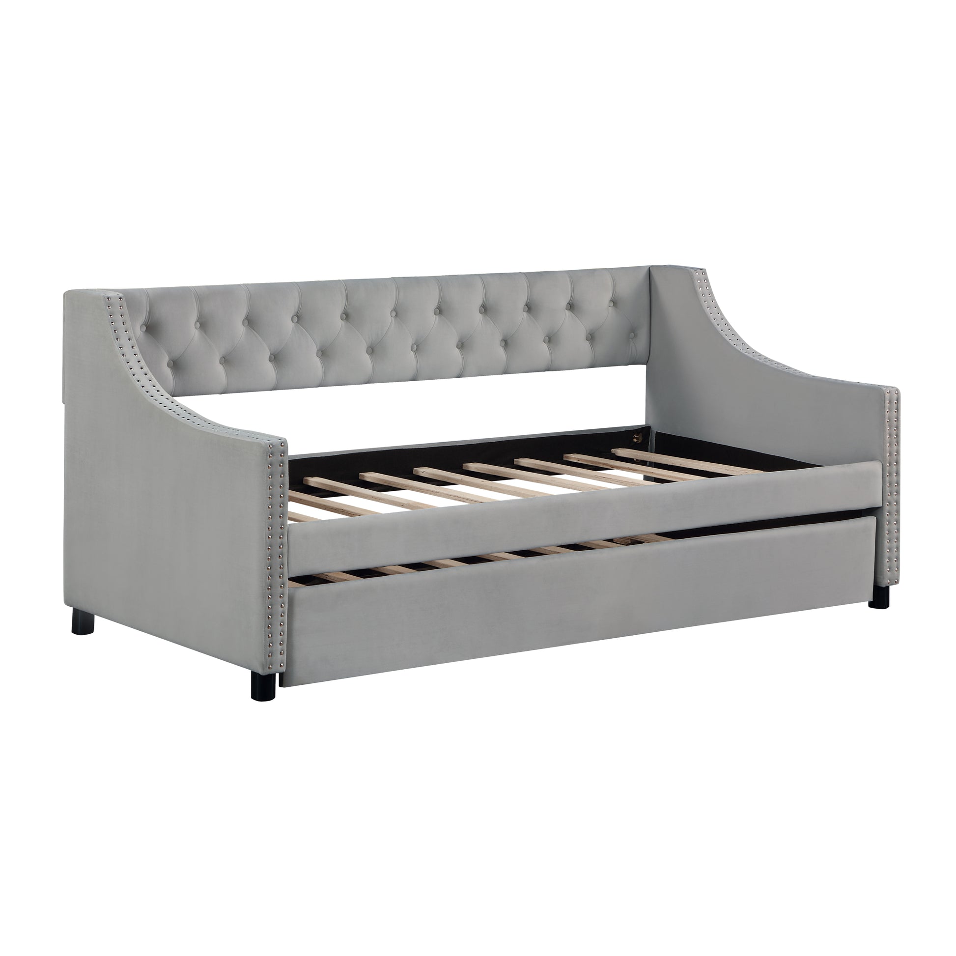 Twin Size Upholstered Daybed With Trundle,Sturdy Wood Bedframe W Bedframe Tufted Button & Copper Nail On Arms Design,Perfect For Bedroom,Guest Room Furniture,No Box Spring Needed Light Gray Foam Solid Wood