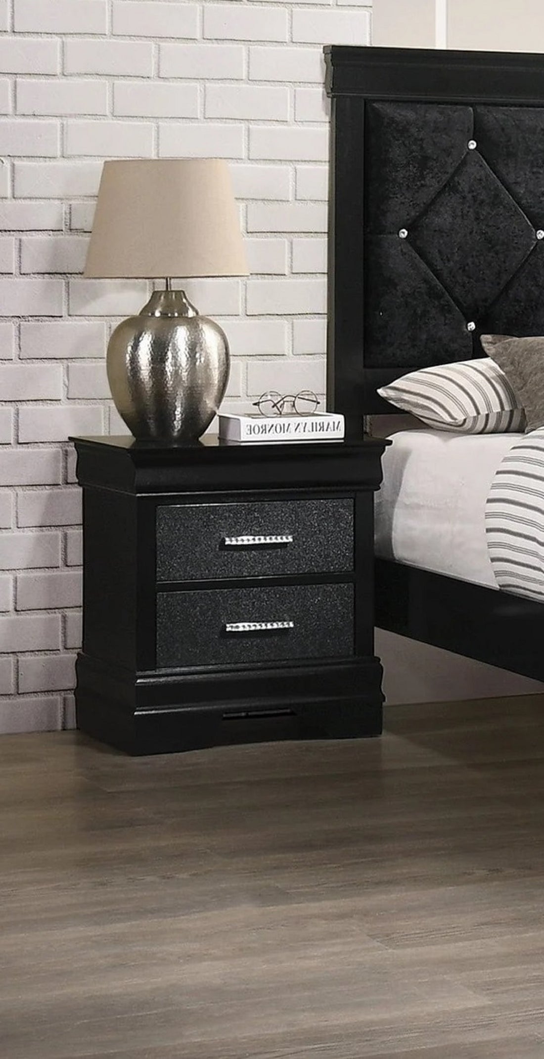 1Pc Modern Glam Style Two Drawers Nightstand Black Finish Solid Wood Crystal Like Button Tufted Black Solid Wood