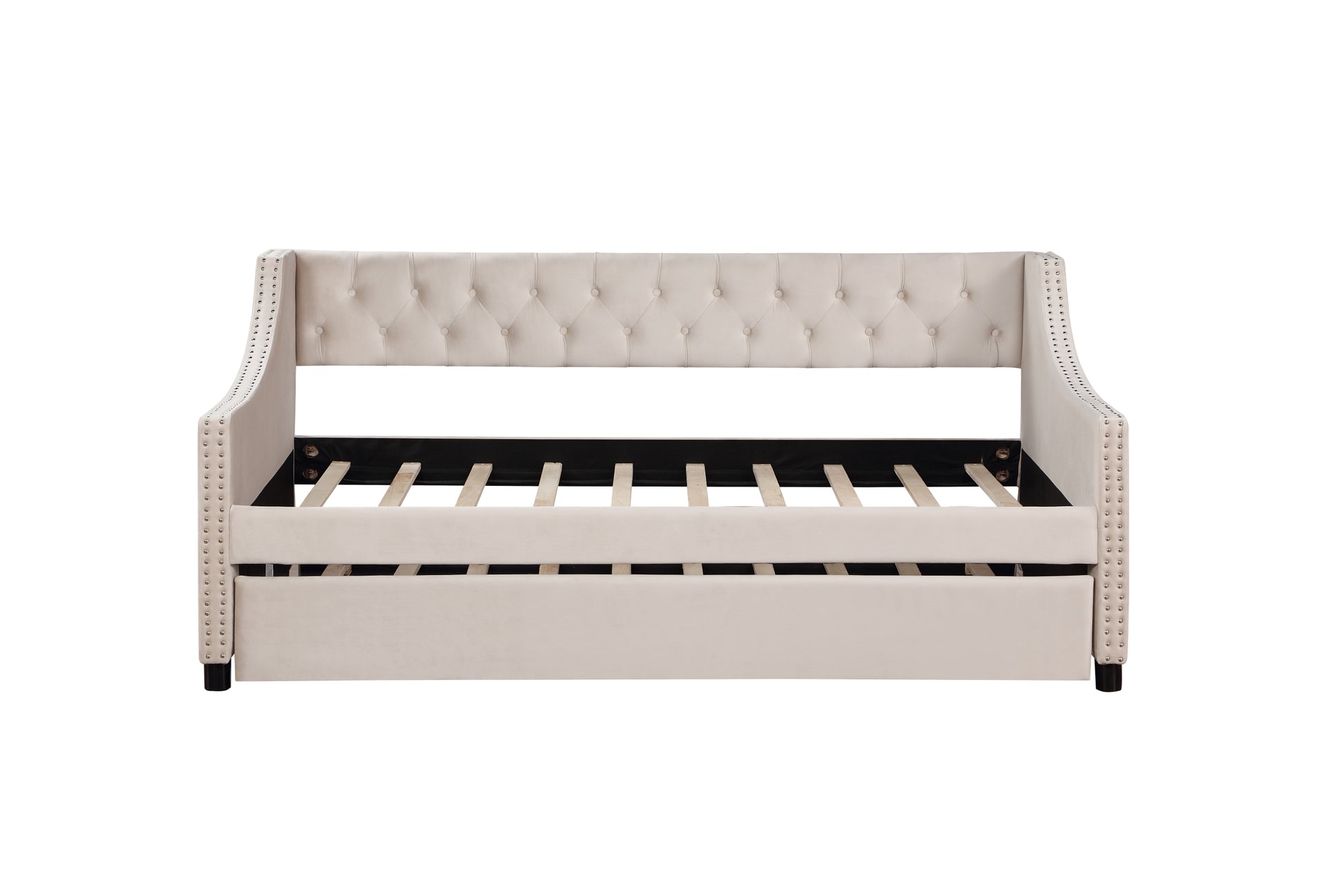 Daybed With Trundle Upholstered Tufted Sofa Bed, With Button And Copper Nail On Arms Full Size Beige Full Beige Solid Wood