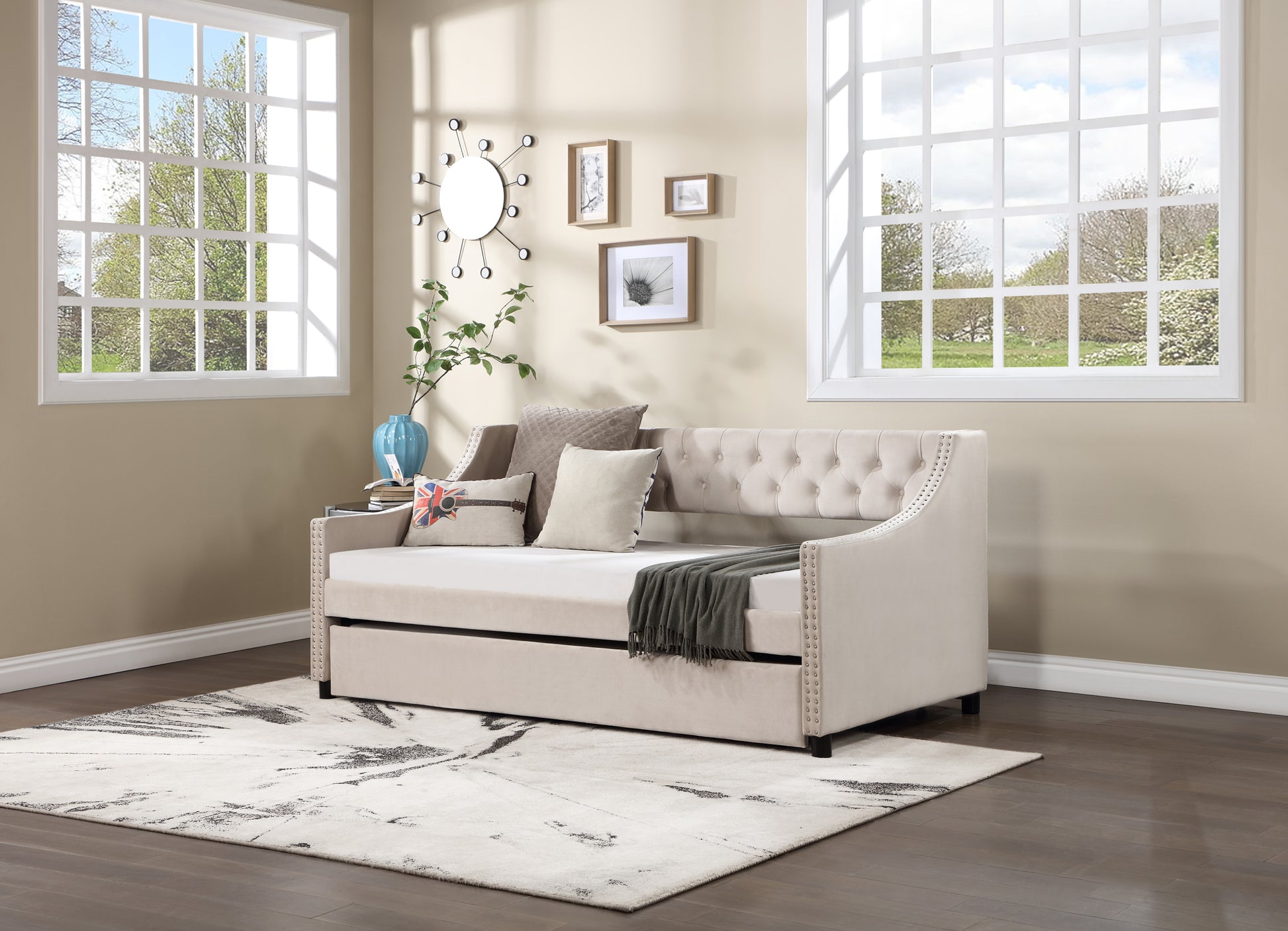 Daybed With Trundle Upholstered Tufted Sofa Bed, With Button And Copper Nail On Arms Full Size Beige Full Beige Solid Wood
